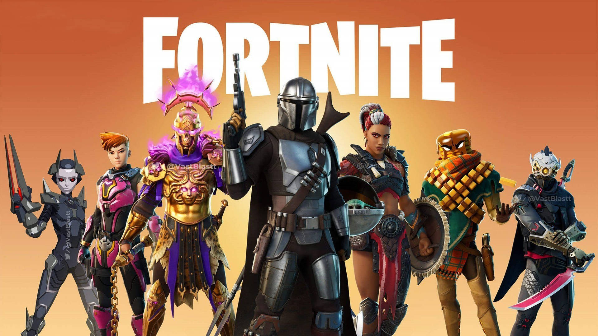 六個身穿精細盔甲的 Fortnite 遊戲角色在橙色背景前英勇擺姿勢。