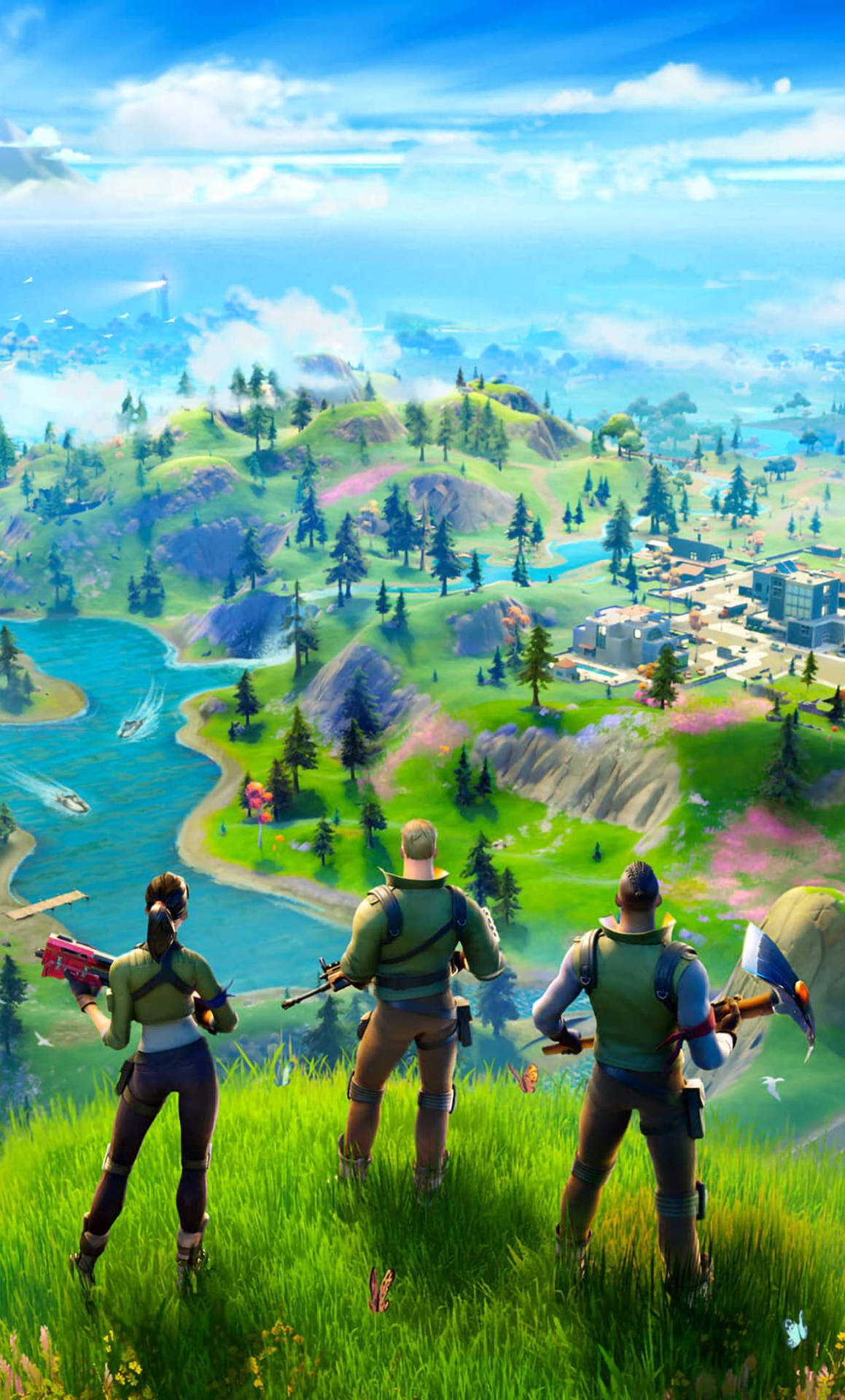 三個Fortnite玩家俯瞰著色彩繽紛的遊戲地圖，有河流、森林和建築物。