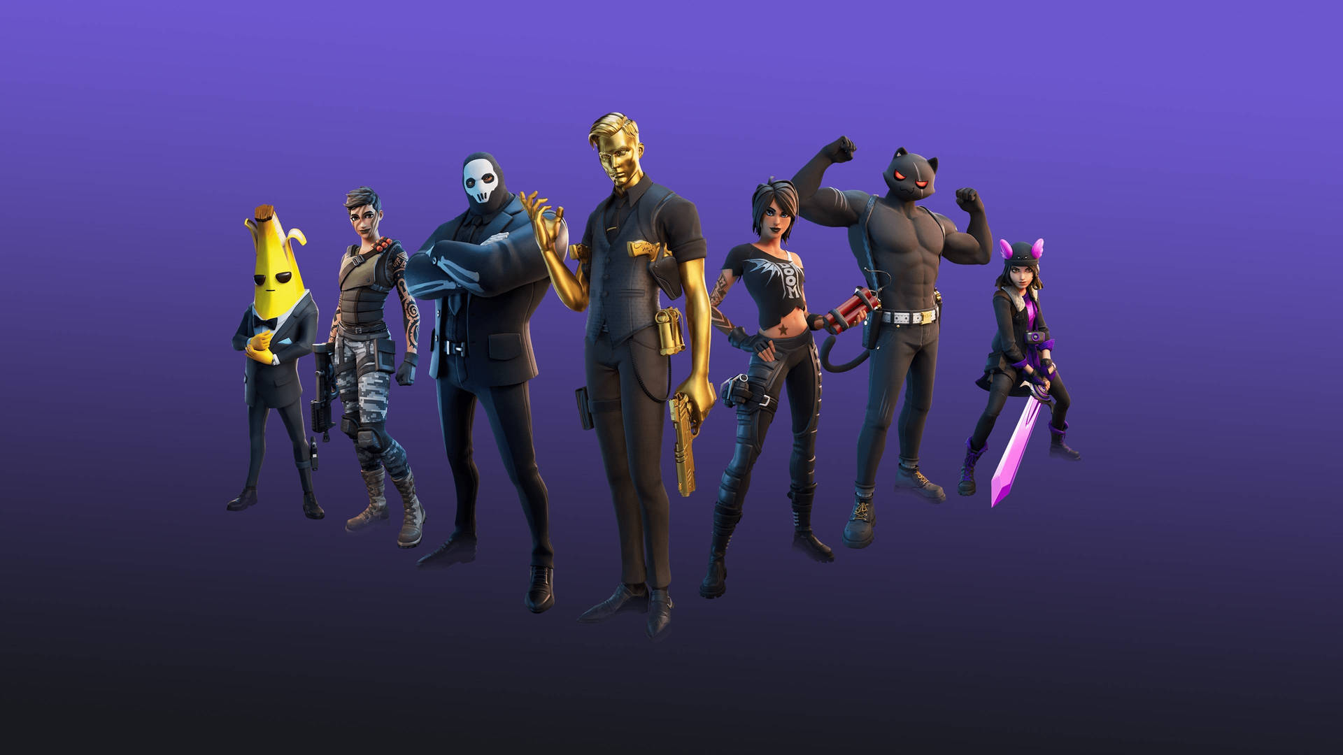 七個穿著不同服裝的Fortnite遊戲角色手持武器擺姿勢。