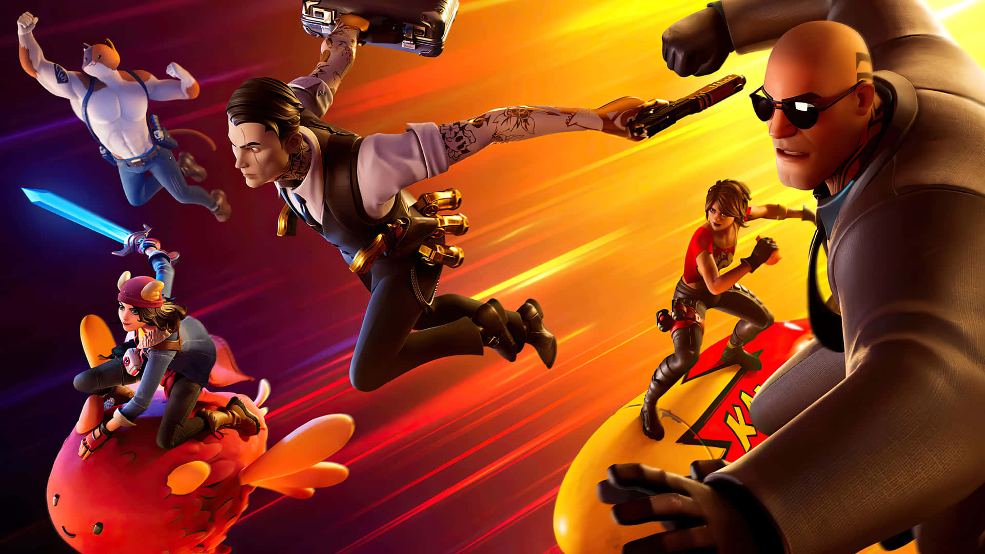 Fortnite 第二章動作角色 壁紙 — 動態的Fortnite角色在熾熱的橙色和紅色動態模糊背景上跳躍和戰鬥。