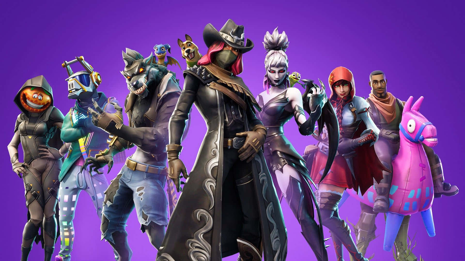 《Fortnite》第六季角色 壁紙 — 一群風格各異的《要塞英雄》角色穿著時尚服裝，在純紫色背景前擺出姿勢，色彩繽紛。