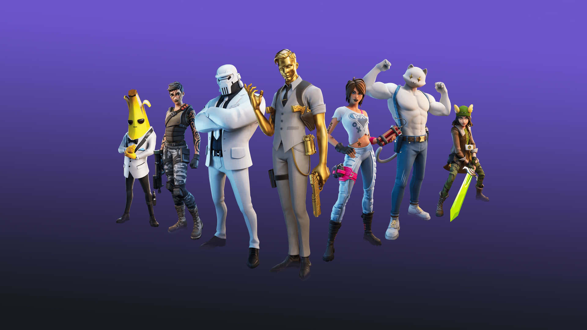 七個《Fortnite》遊戲角色穿著色彩繽紛的服裝，手持武器擺姿勢。