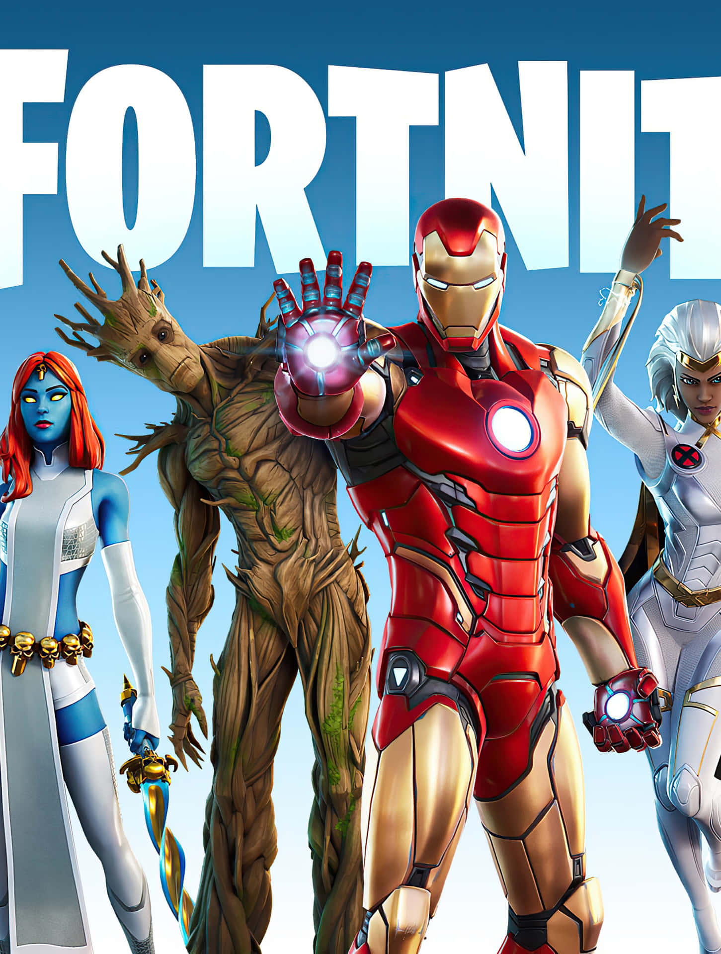 Fortnite 角色 Iron Man、Groot 和 X-Men 在藍天下擺出動態姿勢。