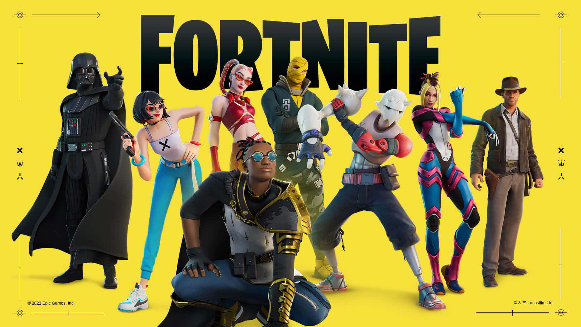 穿著色彩繽紛服裝的 Fortnite 遊戲角色在黃色背景前擺姿勢。