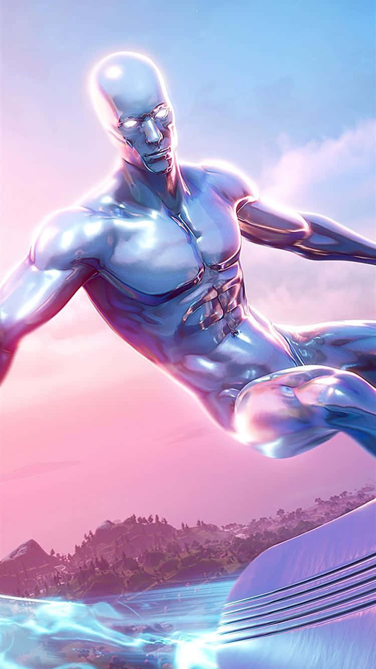 一個銀色人形身影喺粉紅同藍色天空背景下喺水上滑翔。
