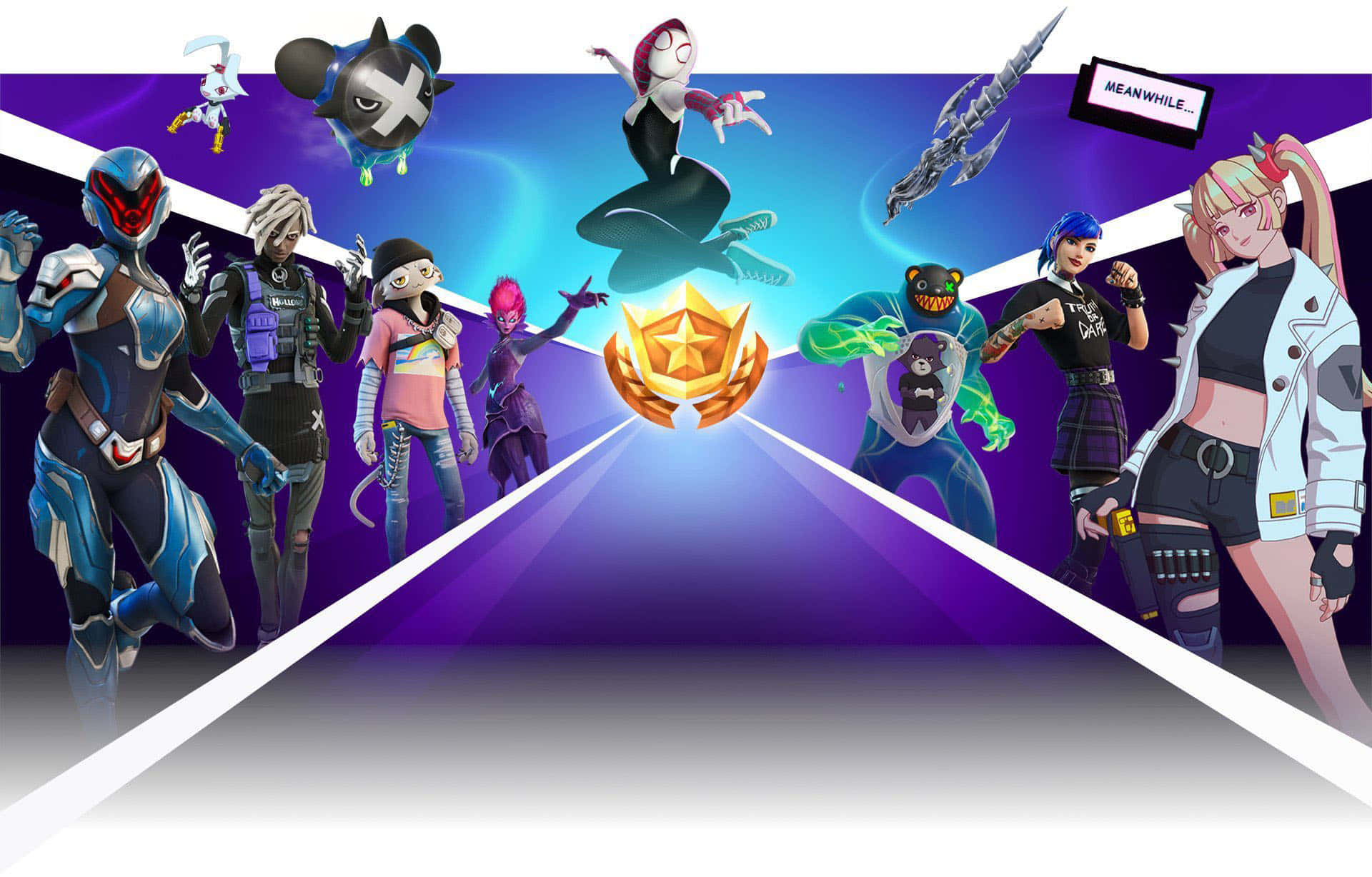 穿著色彩繽紛服裝的 Fortnite 角色在紫色背景上圍繞一顆發光的星星擺姿勢。