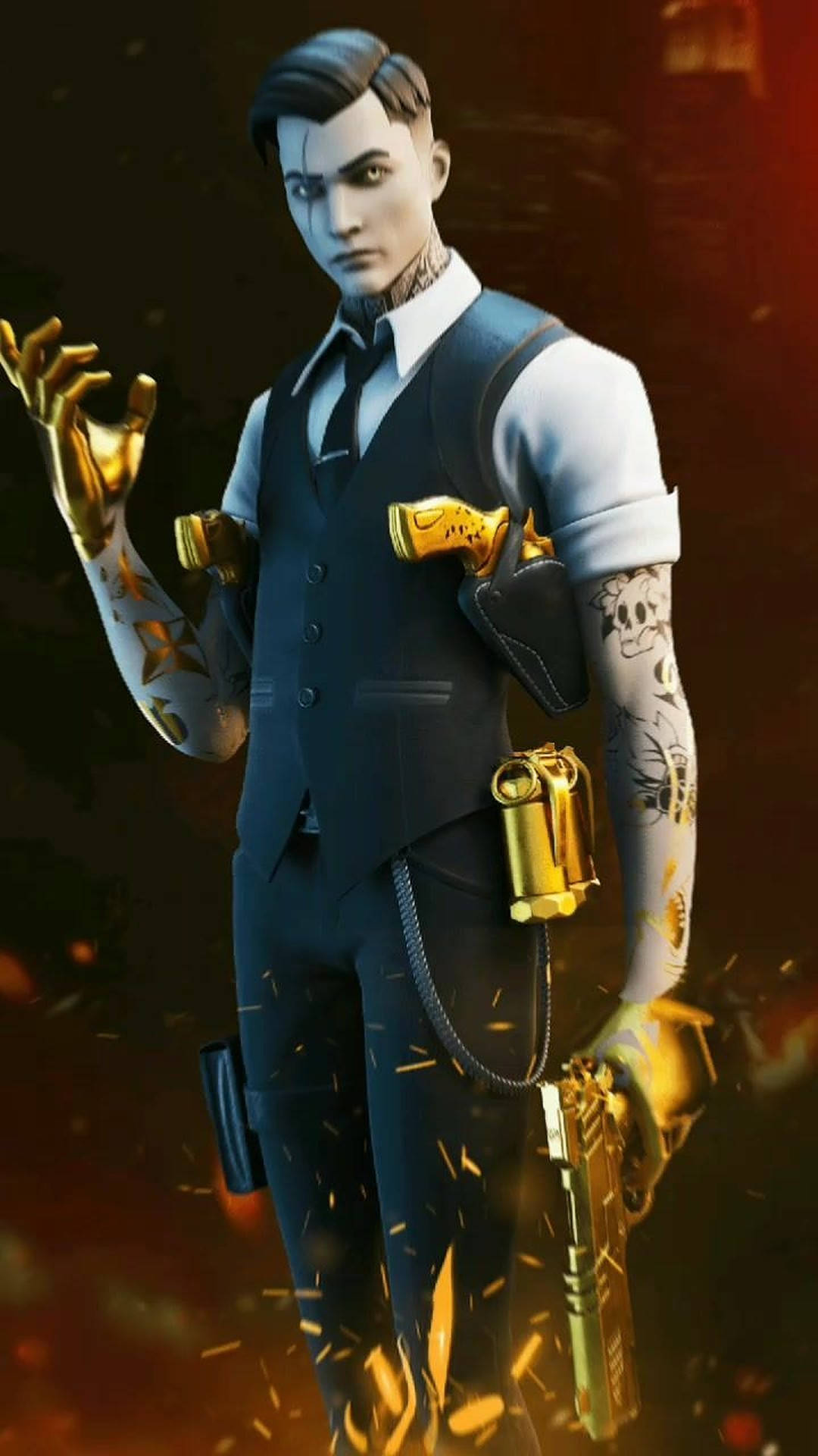 《Fortnite》米達斯戰鬥皇家遊戲 壁紙 — 一個風格化的男性角色，身穿深色西裝，擁有金色機械手臂和紋身，站在煙霧背景中的火花之間。