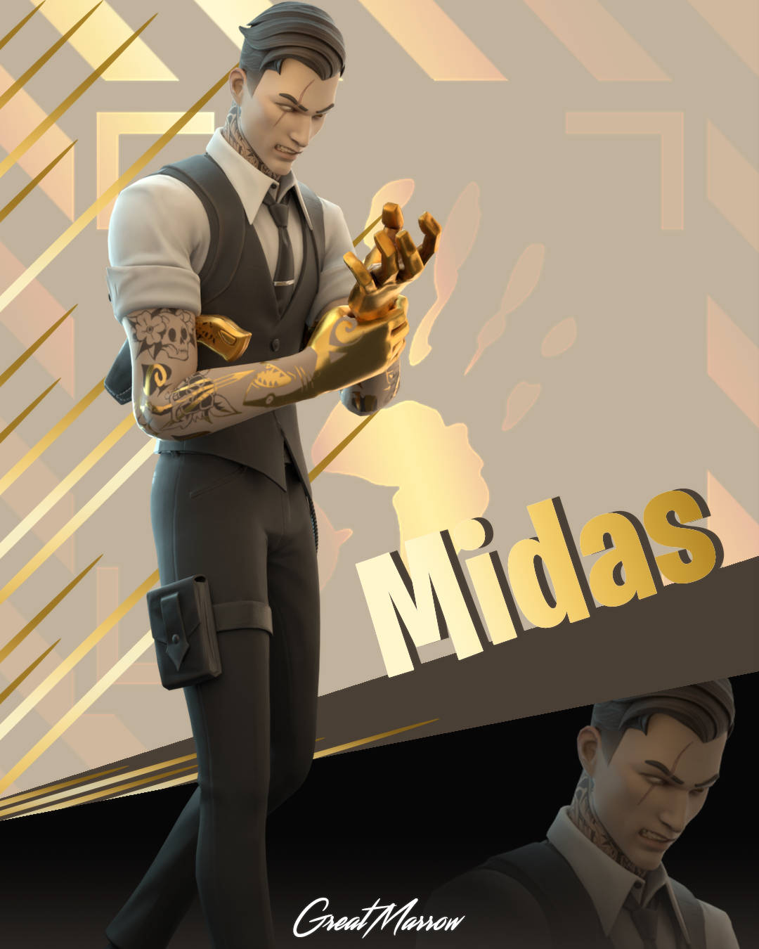 《Fortnite》米達斯玩家 壁紙 — 一個名為Midas的風格化數碼藝術角色，擁有金色雙手和紋身，站在幾何金色和米色背景前。