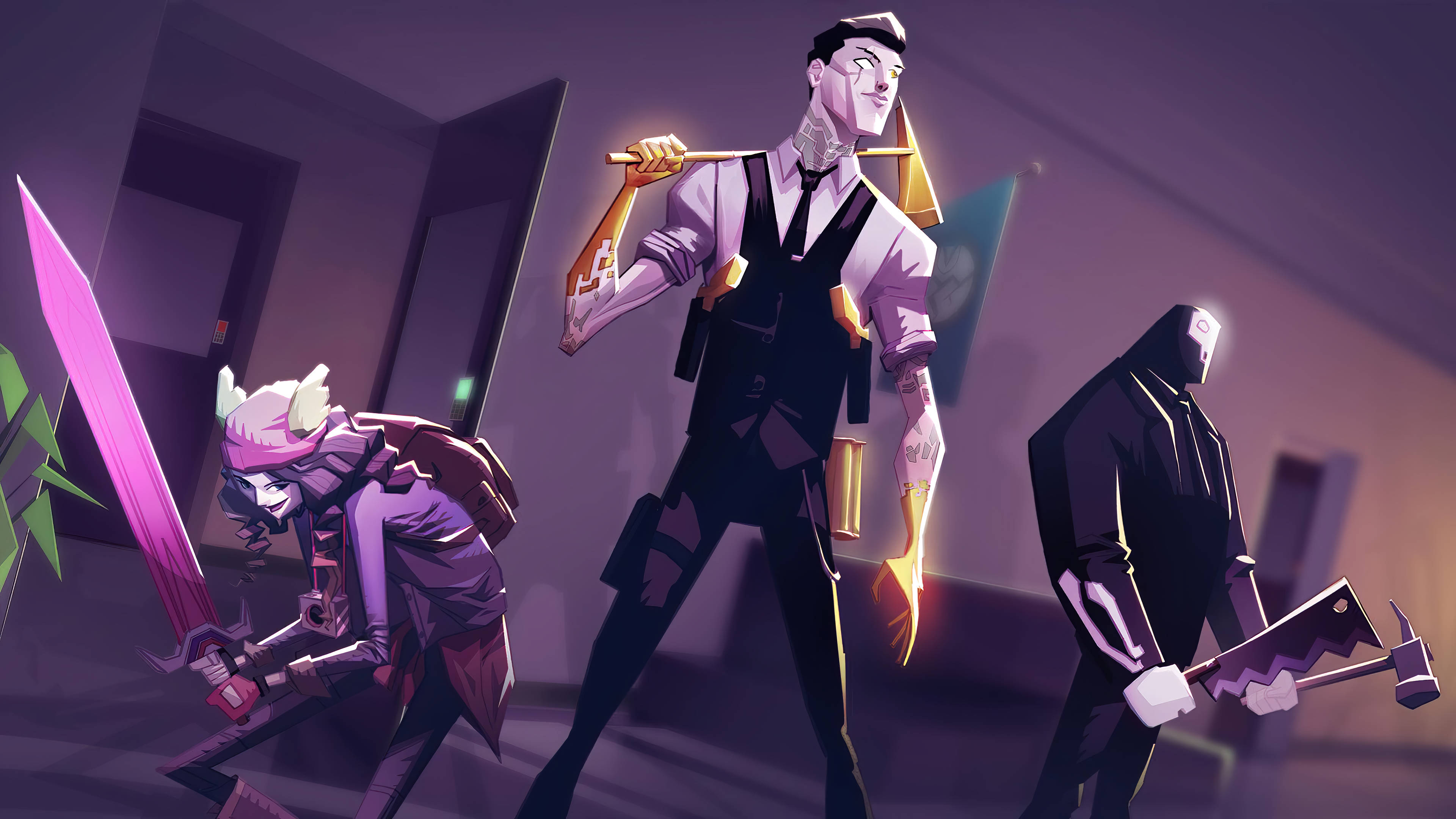 《Fortnite》米達斯與夥伴 壁紙 — 三個風格化的動漫角色手持發光武器，站在昏暗的走廊中，散發出緊張而神秘的氛圍。