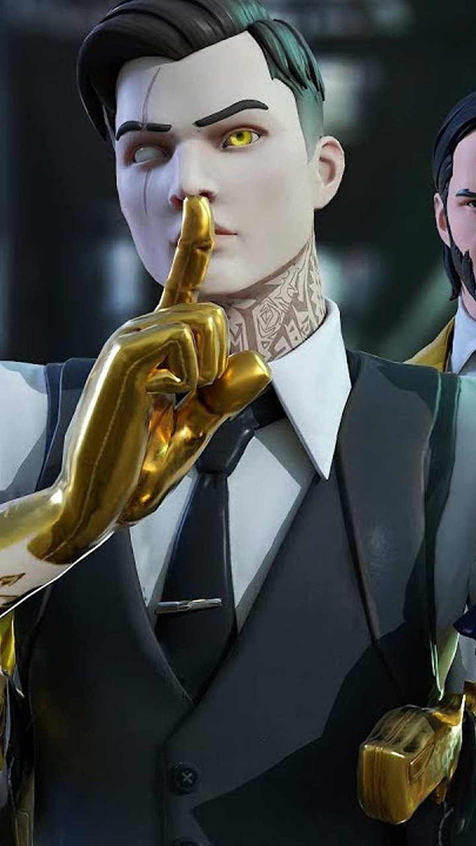 《Fortnite》米達斯遊戲 壁紙 — 一個風格化的動畫男子穿著西裝，金色的手將手指放在嘴唇上讓觀眾安靜，同時露出複雜的頸部紋身。
