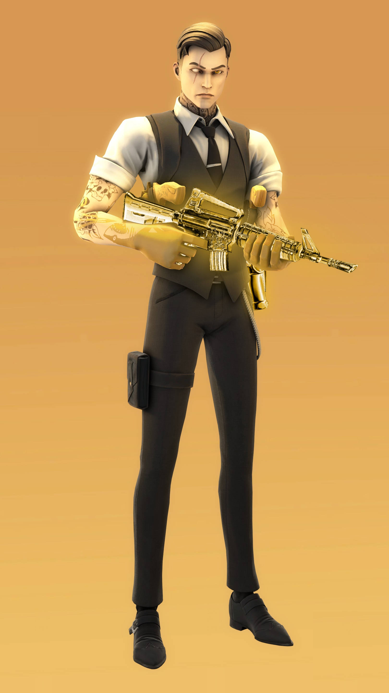 《Fortnite》米達斯金色海報 壁紙 — 一個穿著西裝的風格化男性角色，在純橙色背景上拿著一把鍍金步槍。