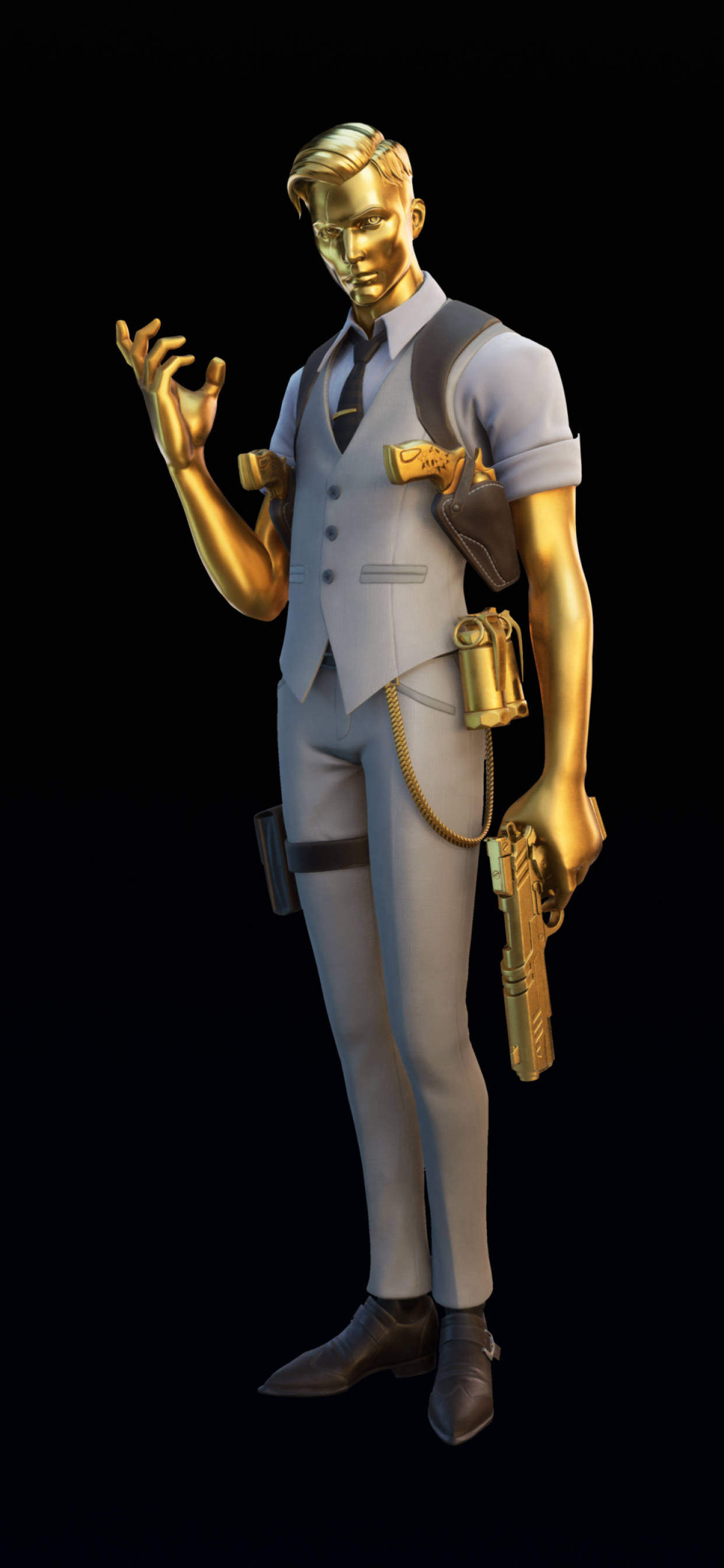 《Fortnite》米達斯金色皮膚 壁紙 — 一個金色皮膚的男人穿著淺灰色西裝，手持金色手槍，在黑色背景前做手勢。