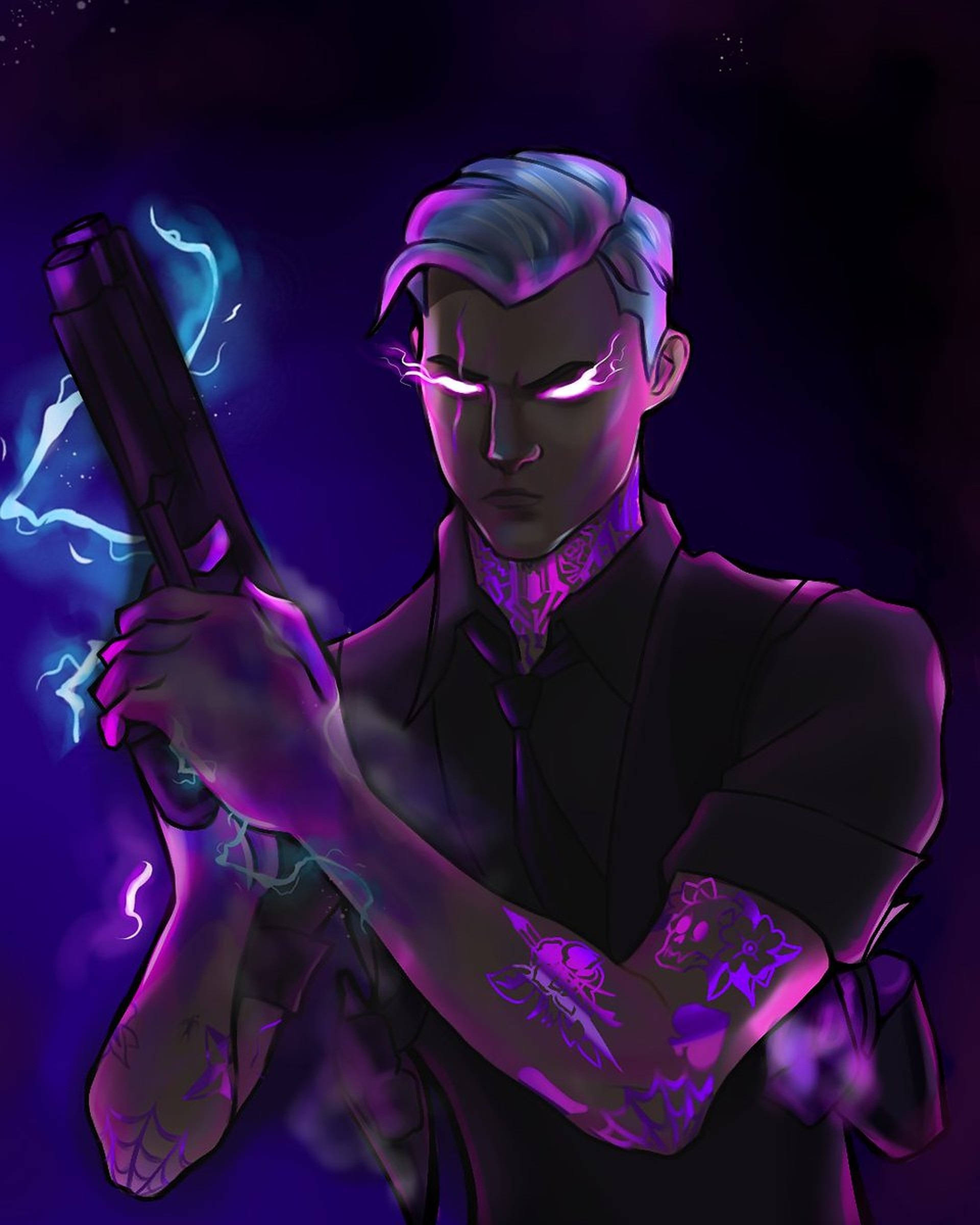 《Fortnite》米達斯霓虹藝術 壁紙 — 一個擁有發光紫色眼睛和紋身的賽博龐克動漫男子，在黑暗的宇宙背景下揮舞著一把冒火花的槍。