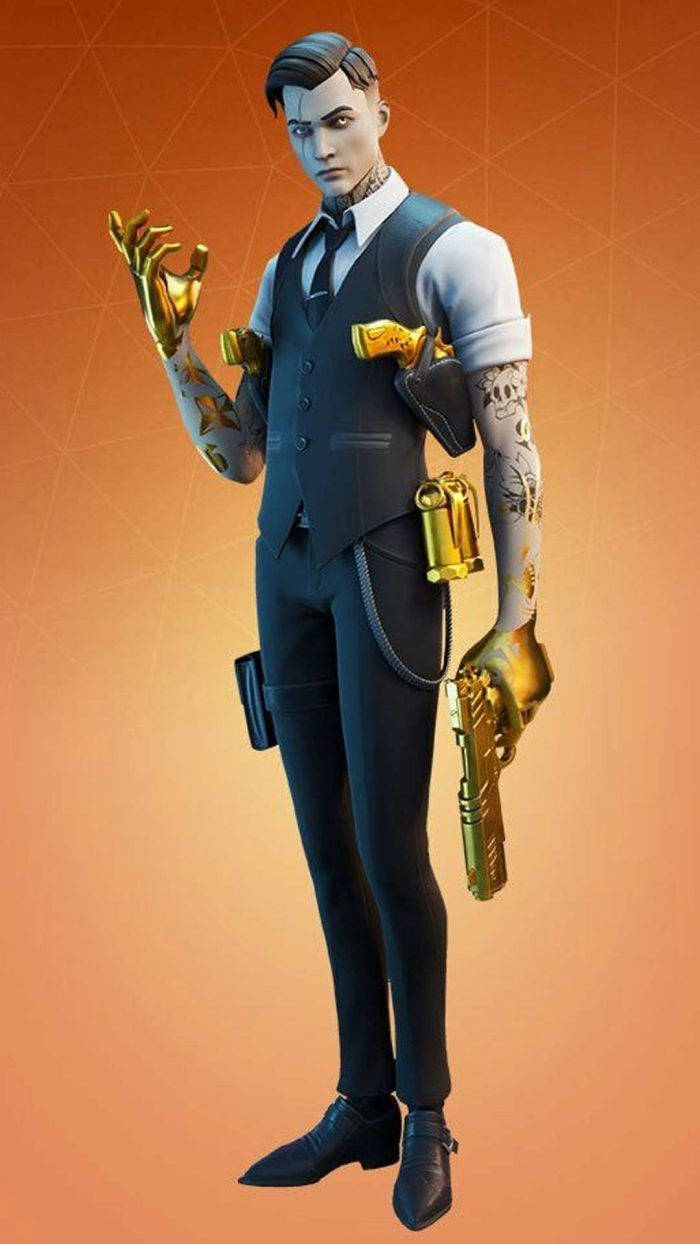 《Fortnite》米達斯預設造型 壁紙 — 一個風格化的男性角色，身穿深色西裝，帶有金色機械臂和紋身，站在溫暖的橙色漸變背景前。