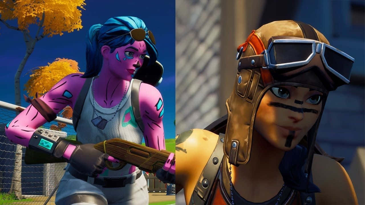 Fortnite 粉紅殭屍士兵與叛逆掠奪者造型 壁紙 — 兩個Fortnite角色，一個藍色頭髮和粉紅色皮膚，手持霰彈槍，另一個戴著飛行員頭盔和護目鏡。
