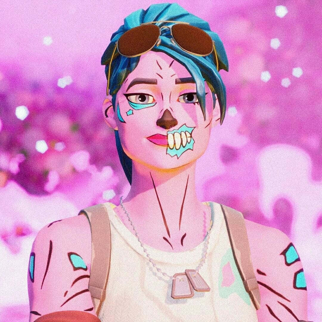 Fortnite 粉紅殭屍士兵藝術圖 壁紙 — 一個風格化的動漫角色，藍色頭髮，太陽眼鏡架在頭上，站在夢幻的粉紅色花卉背景前。