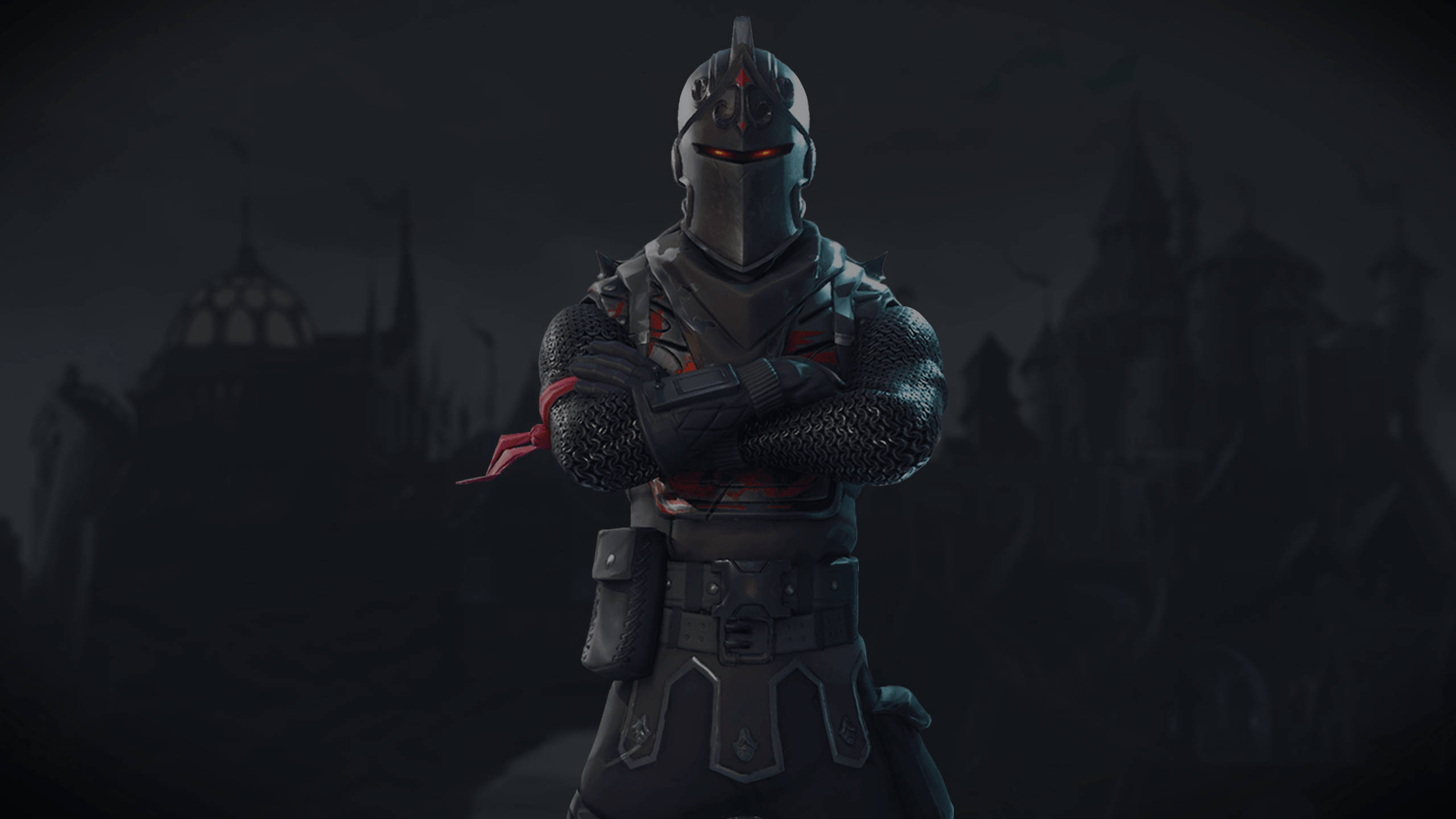 Fortnite 精選縮圖：Fort Knights 系列傳奇黑騎士裝束 壁紙 — 一位身穿暗色盔甲的騎士，雙眼發出紅光，在陰沉天空下交叉雙臂站在哥德式城堡剪影前。
