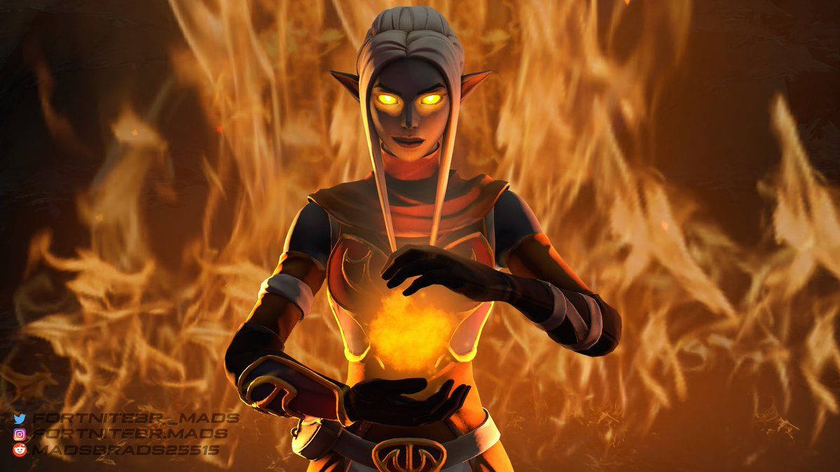 Fortnite 精選縮圖：Glimmer 身著 Ember 火焰特效裝束 壁紙 — 一個火熱的精靈，擁有發光的黃色眼睛，在咆哮的橙色火焰背景下，雙手引導火焰。
