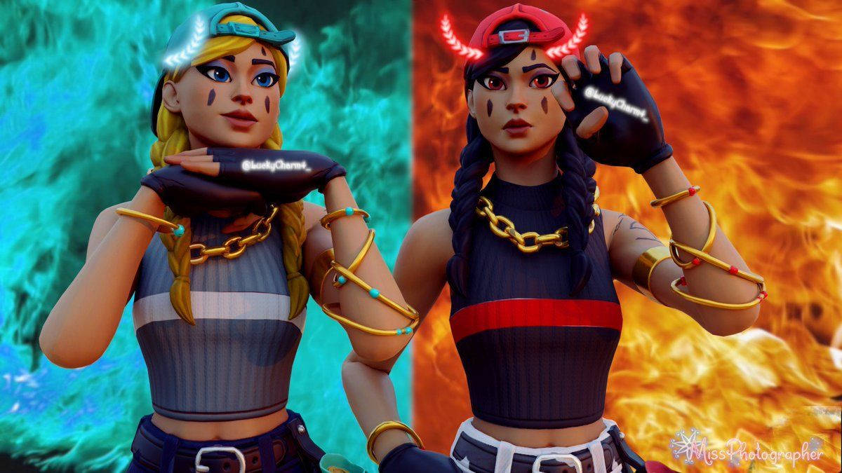 Fortnite 精選縮圖：Headhunter 身著 Aura 藍橙背景裝束 壁紙 — 兩個風格化的女性角色在分裂的冰與火背景前擺姿勢，穿著相配的服裝和發光配飾。