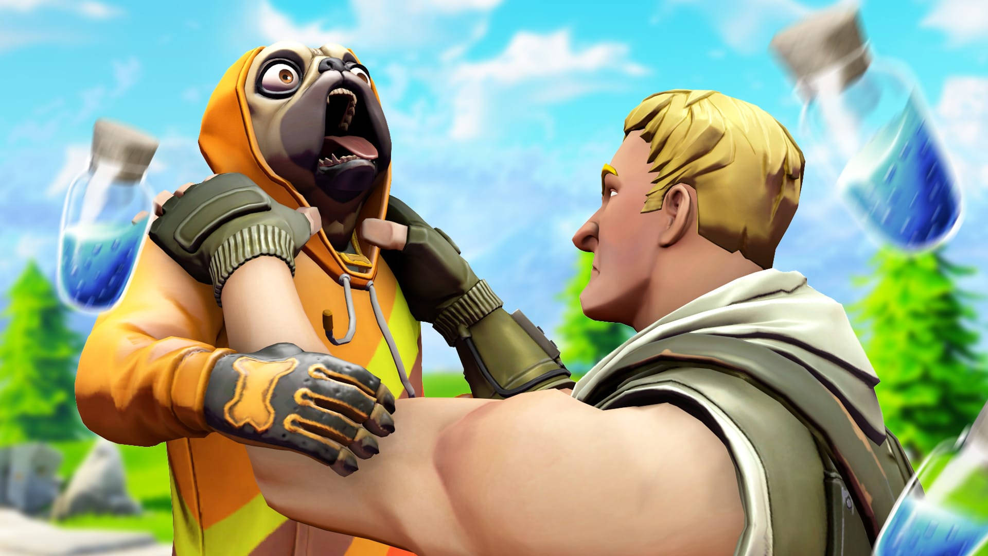 Fortnite 精選縮圖：Jonesy The First 與 Doggo Militia 爭執場景 壁紙 — 一隻卡通風格的哈巴狗穿著橙色連帽衫，被一個肌肉發達的金髮男子抱著，明亮的戶外場景中有漂浮的藥水瓶。