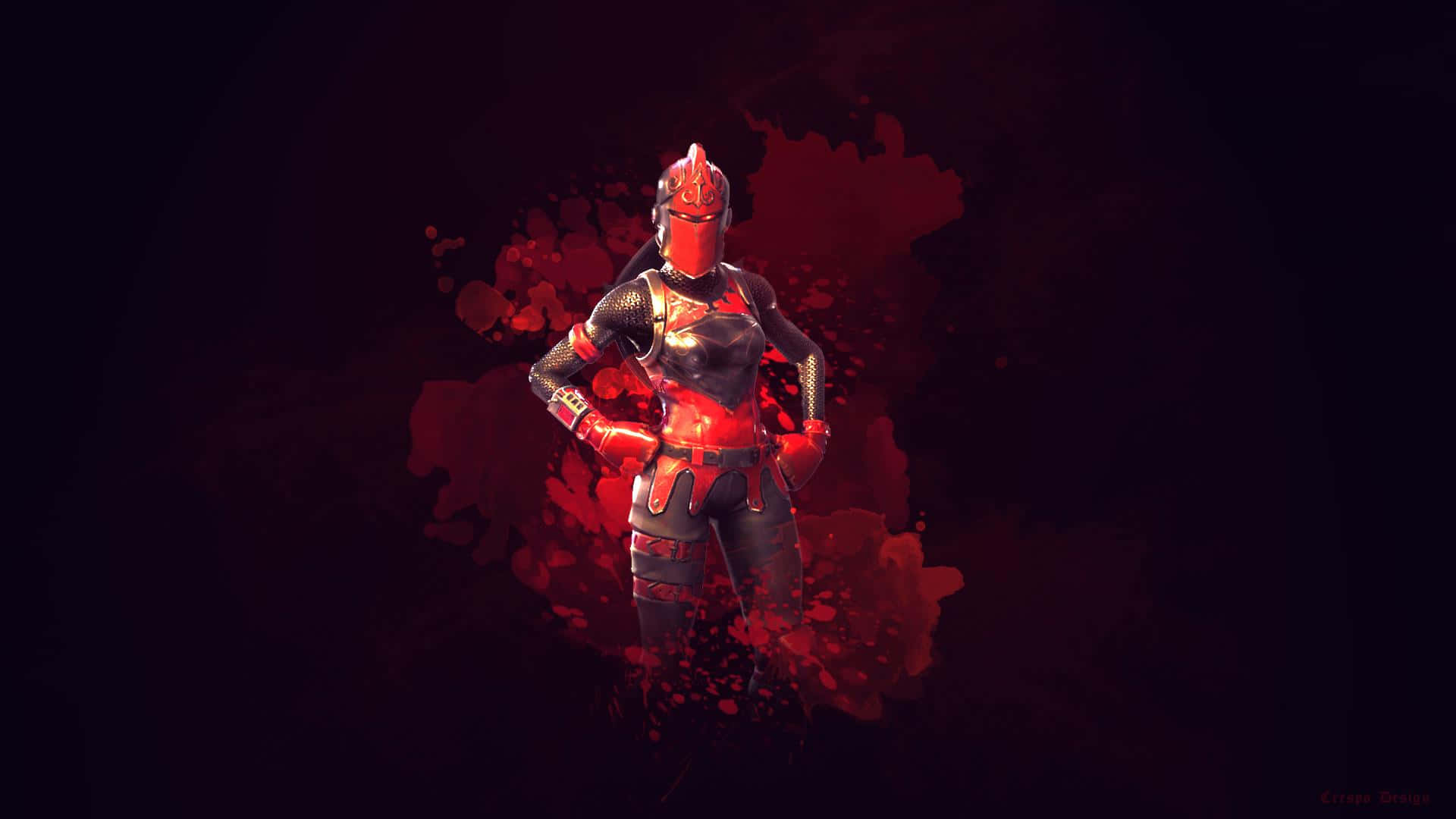 《Fortnite》紅騎士角色 壁紙 — 一名紅色裝甲戰士自信地站在帶有紅色飛濺效果的黑暗背景前。