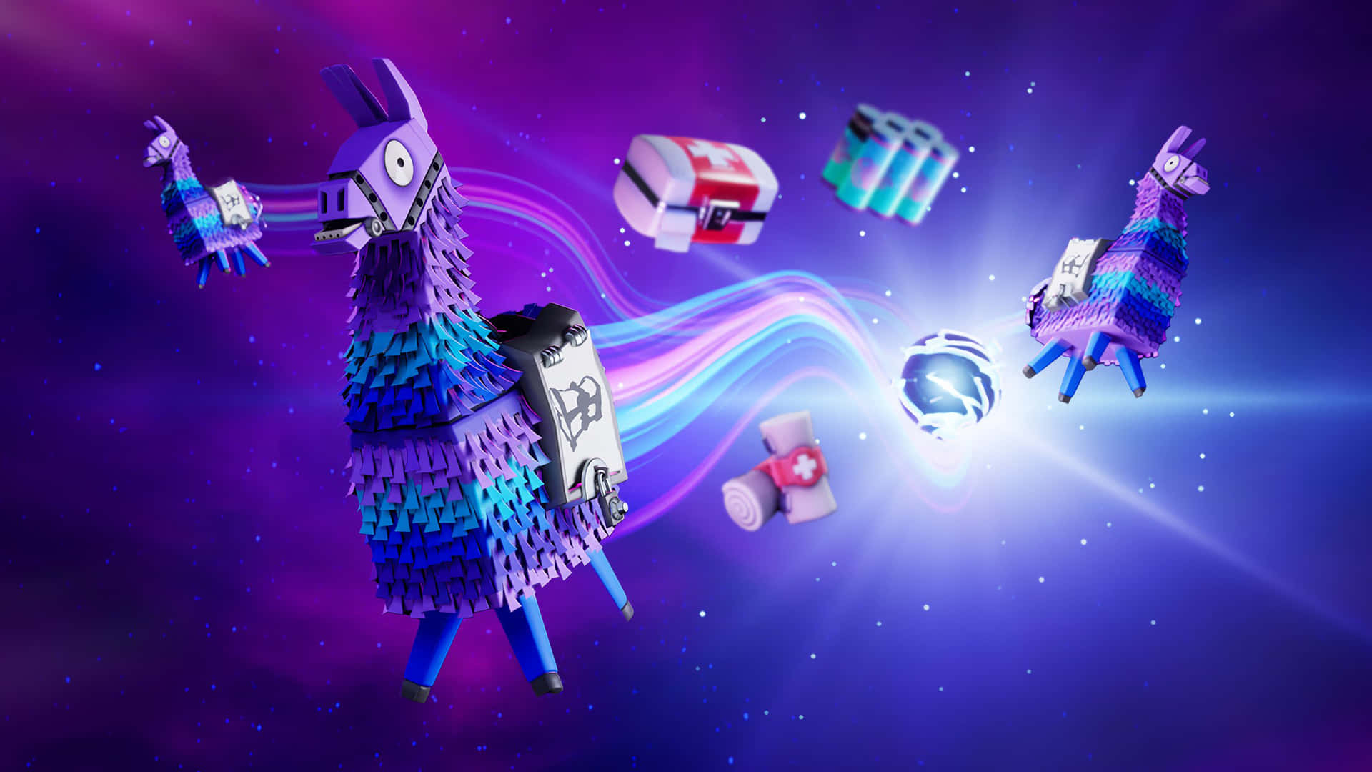 兩隻Fortnite羊駝漂浮在星光燦爛的紫色空間中，帶有發光軌跡和遊戲物品。