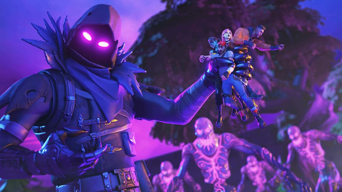 《Fortnite》經典烏鴉皮膚的震撼風采。 壁紙 — 一個帶有威脅性的紫色發光兜帽人物向漂浮的角色伸出手，周圍是發光的殭屍般人物，構成超現實的遊戲場景。