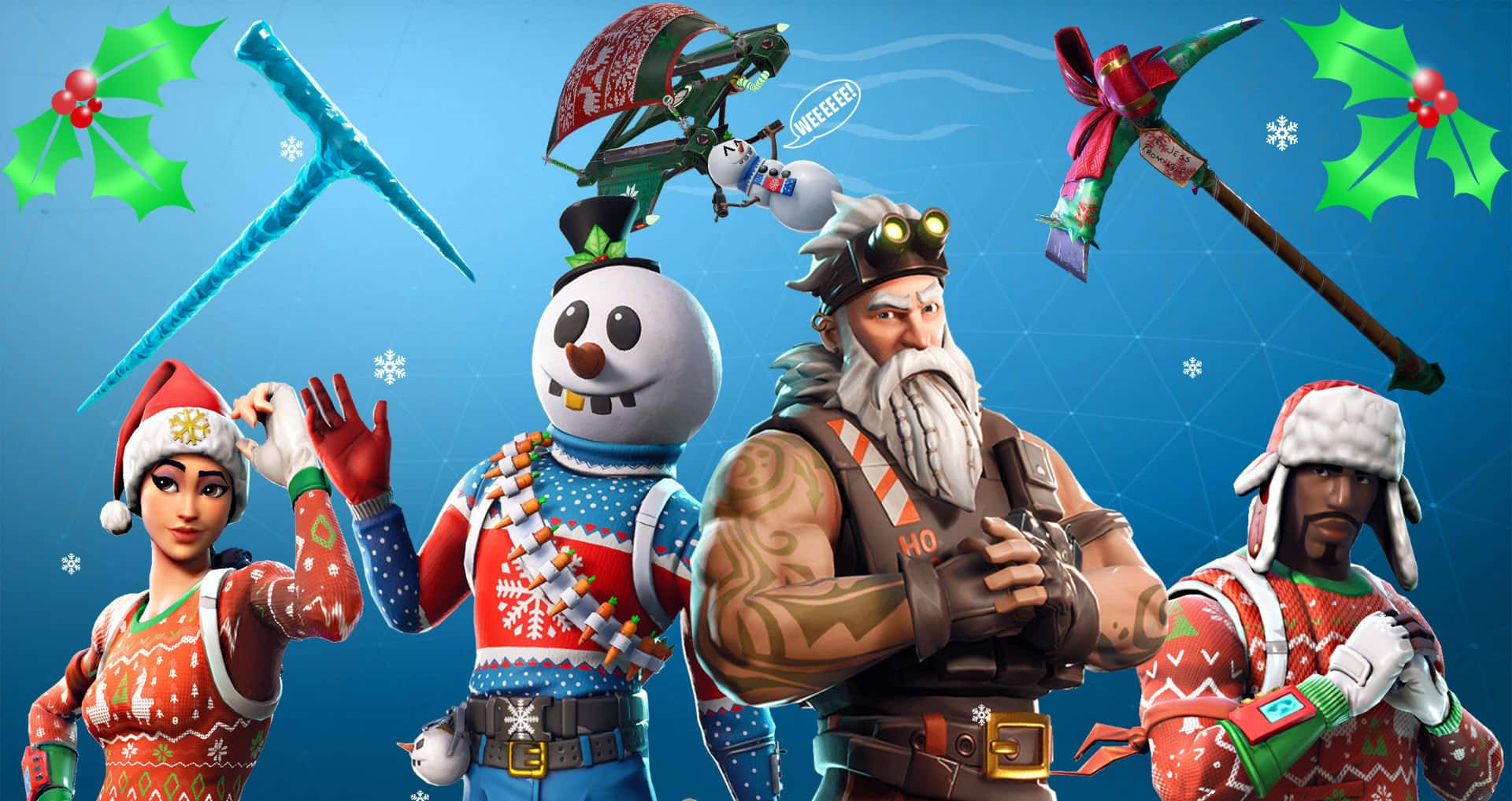 《Fortnite》聖誕節主題角色 壁紙 — 四個《要塞英雄》角色穿著節日服裝，在藍色雪景背景下，手持聖誕主題武器擺姿勢。