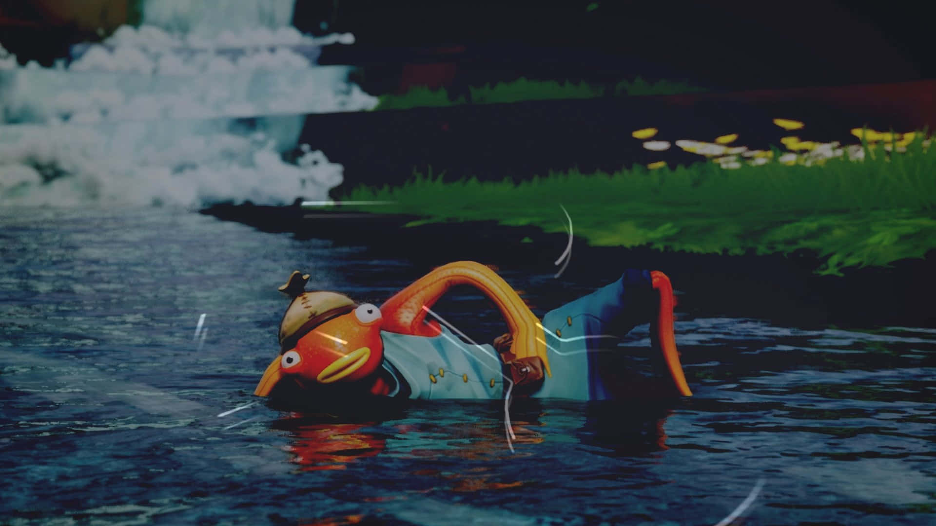 Fortnite 聞名的魚棒 壁紙 — 一隻戴帽子的卡通鳥在黑暗的水中倒立漂浮，靠近長有黃色花朵的草岸。