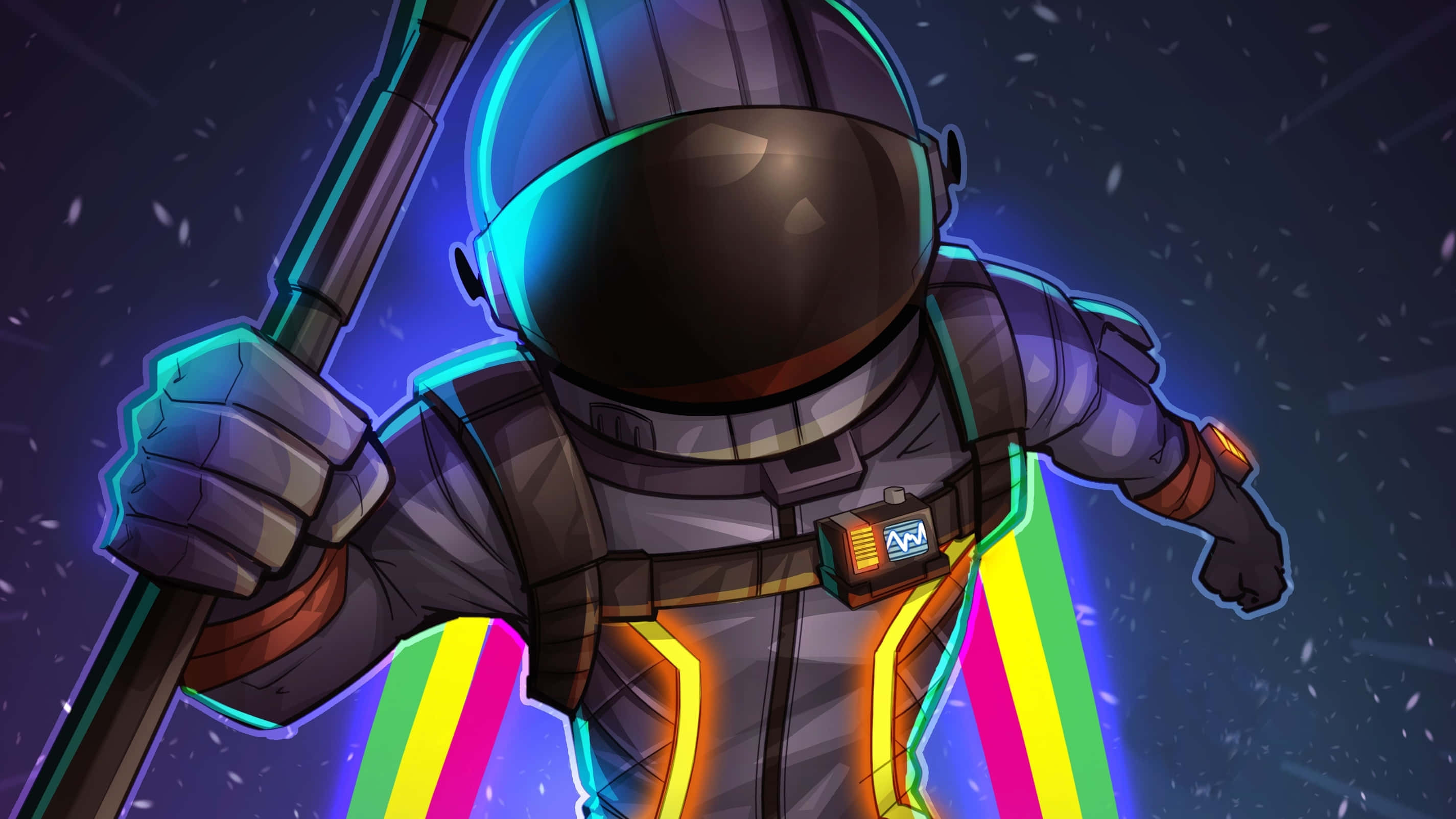 《Fortnite》角色傲立山巔 壁紙 — 一個風格化的太空人穿著發光的太空衣，在繁星點點的宇宙背景下手持一根帶有鮮豔霓虹條紋的杖。