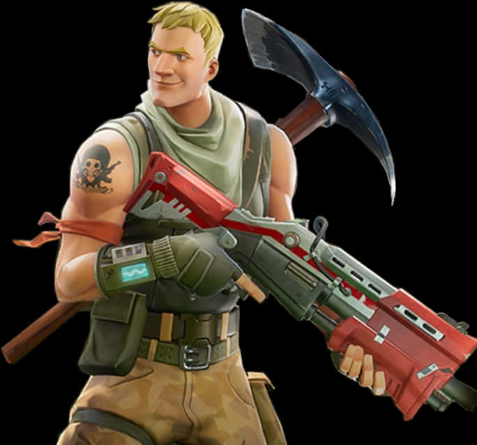 《Fortnite》角色手持鏟子與步槍 壁紙 — 一位自信的電子遊戲士兵，金髮，有骷髏紋身，手持紅綠色的突擊步槍，肩上扛著一把鎬。
