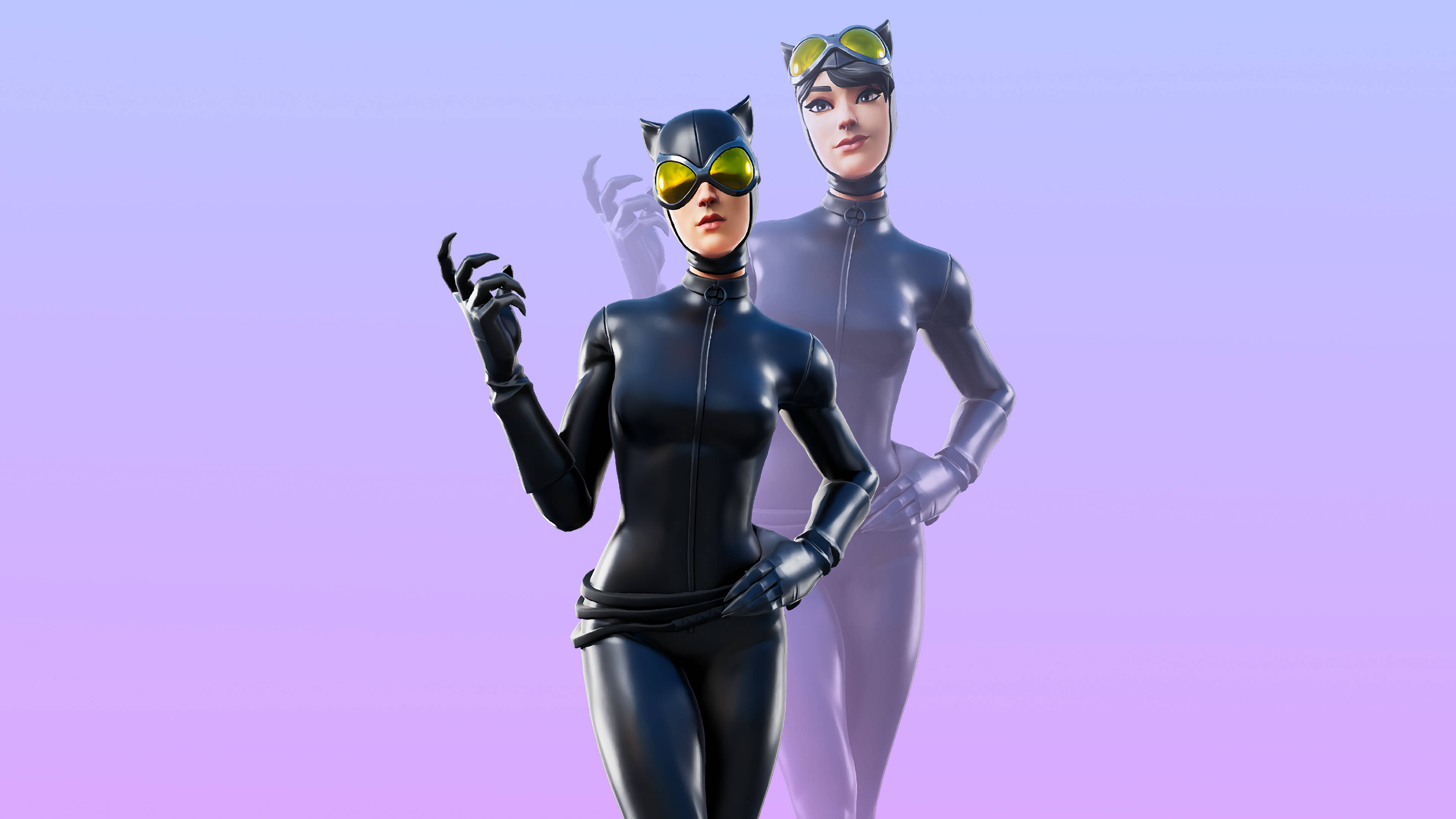 《Fortnite》貓女角色皮膚 壁紙 — 兩個風格化的貓女角色穿著時尚的黑色套裝，在柔和的紫色漸變背景前自信地擺姿勢。