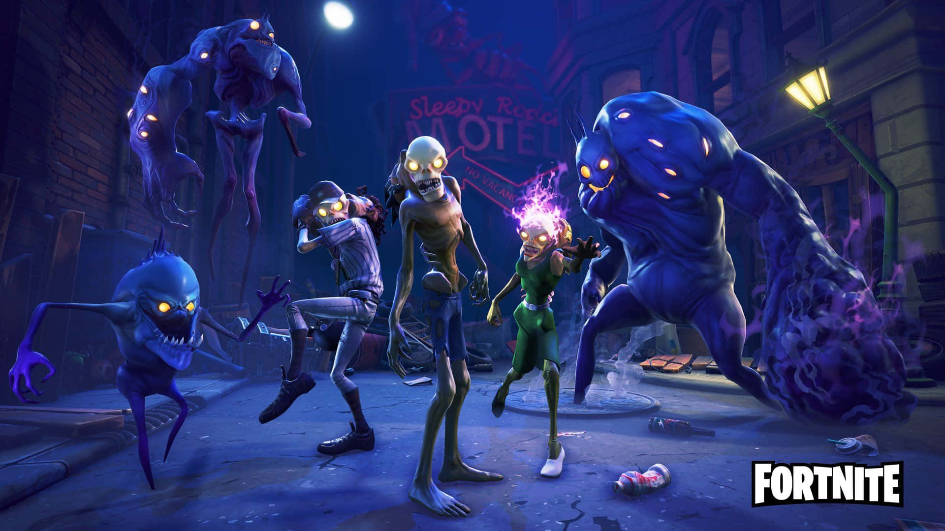 《Fortnite》超自然主題角色 壁紙 — 發光眼睛的殭屍和怪物在夜晚霓虹燈照亮的鬧鬼汽車旅館小巷中衝突。