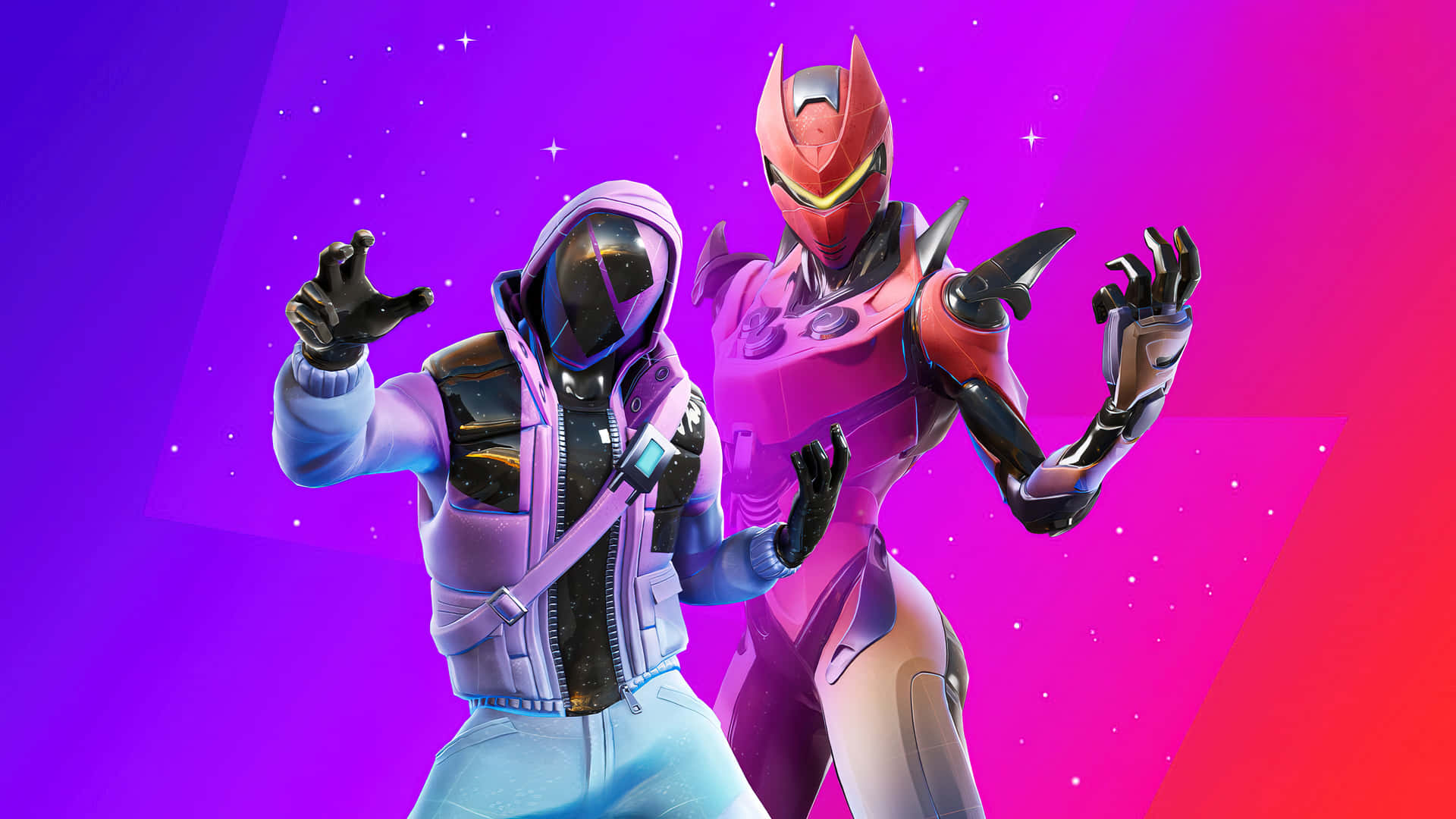 兩個Fortnite角色穿著發光的未來風格裝備，在宇宙漸變背景前。