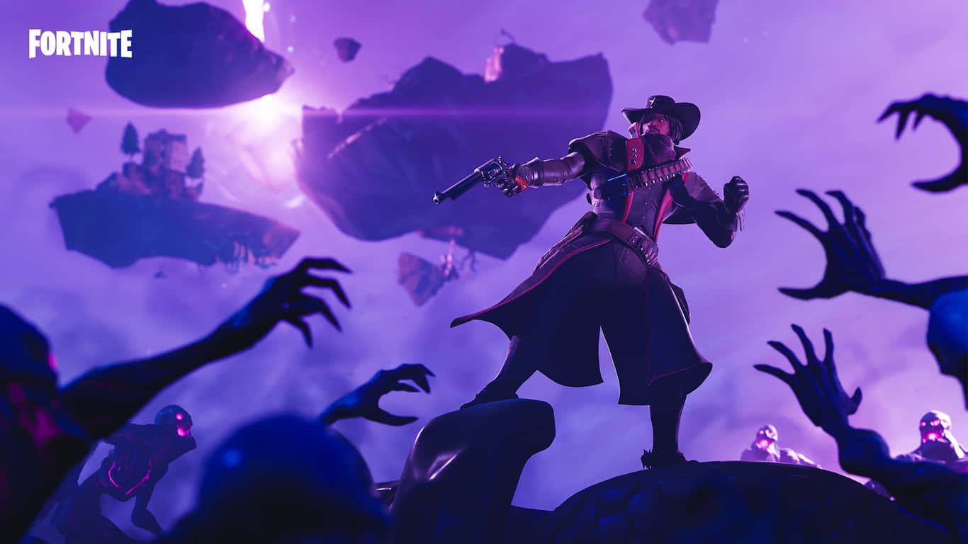 Fortnite牛仔在浮石上持槍，鬼手伸上來。