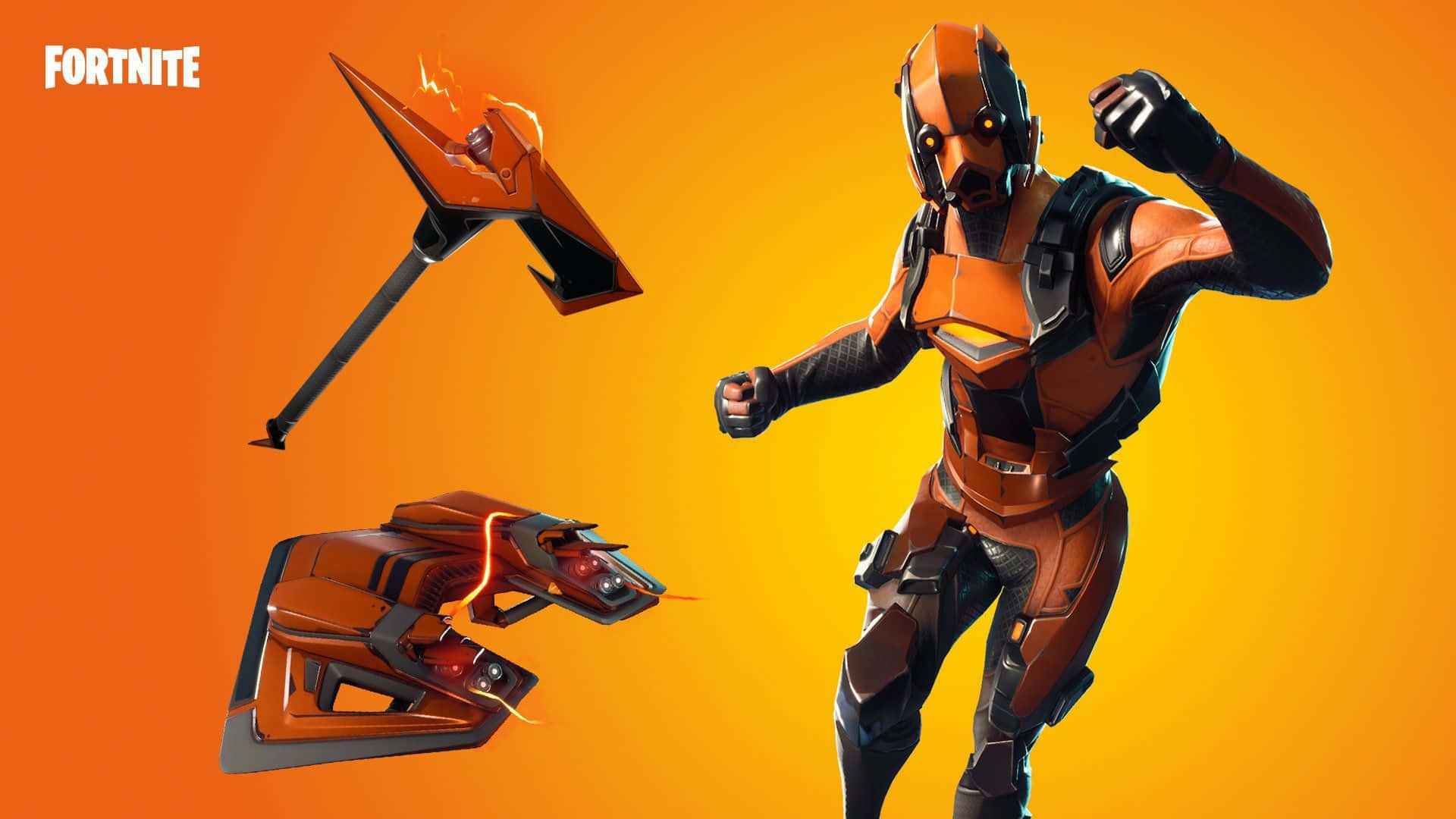 穿著橙色盔甲的Fortnite角色，手持鎬和滑翔翼，橙色背景