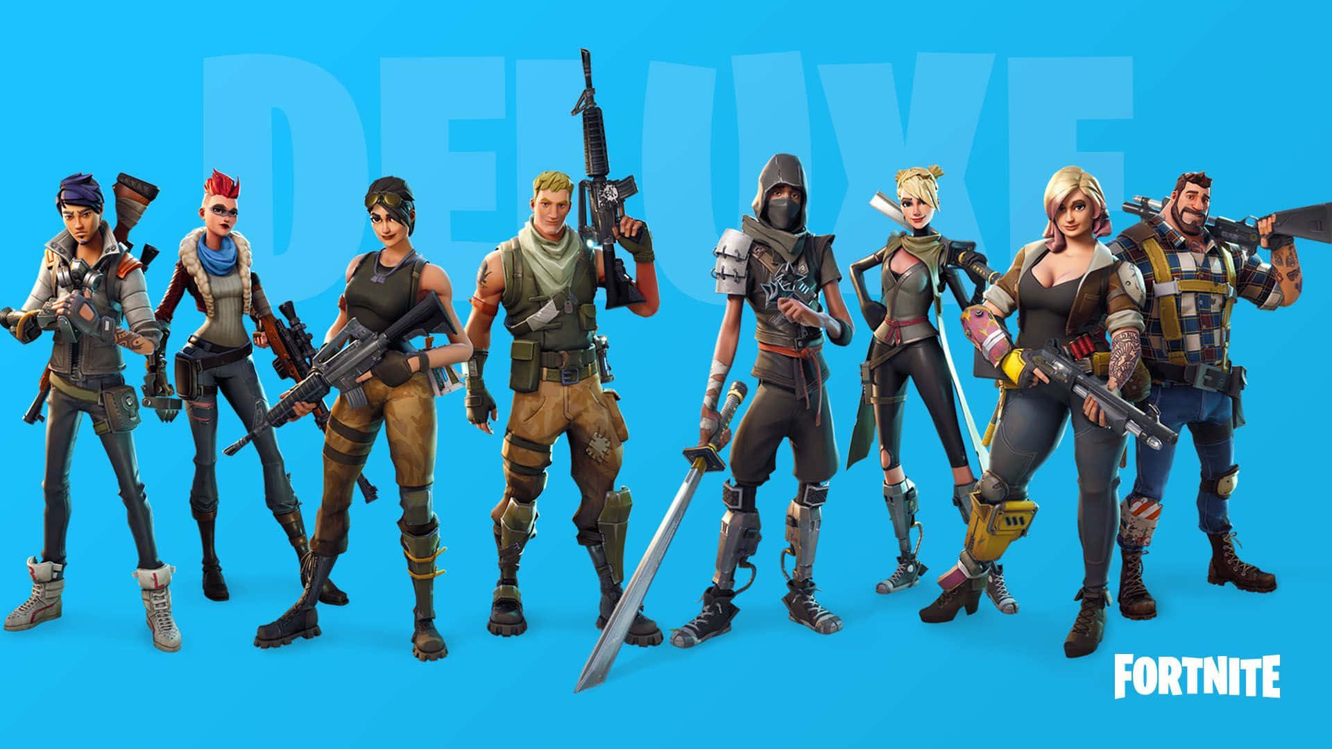 七個Fortnite角色手持武器，背景係藍色，上面有「DELUXE」字樣。