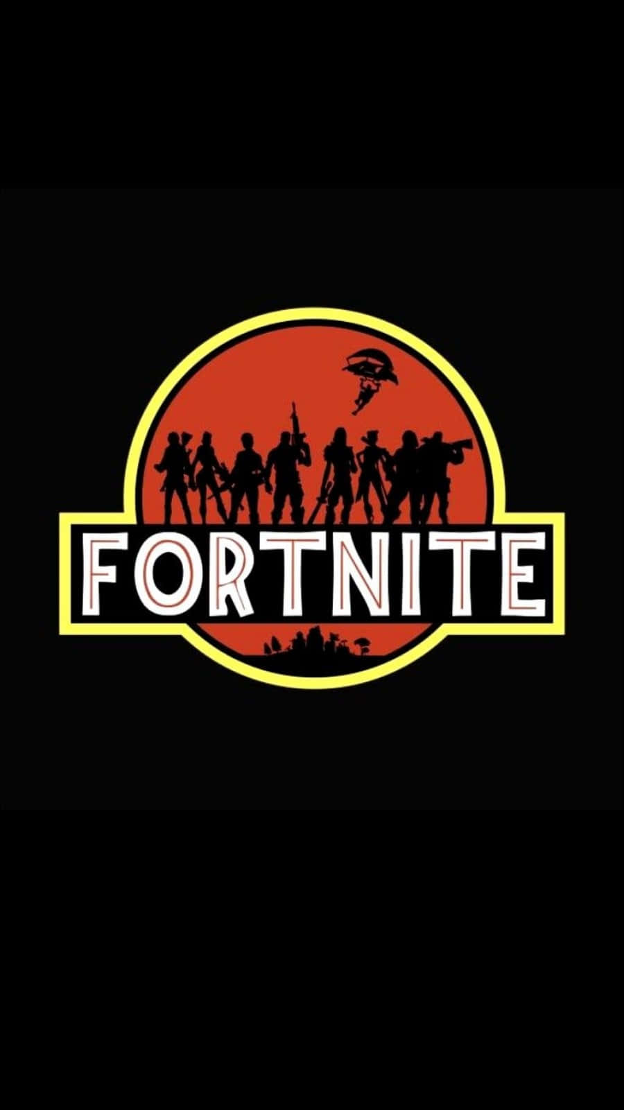 Fortnite 標誌，以紅色太陽為背景，有剪影角色和跳傘人物。