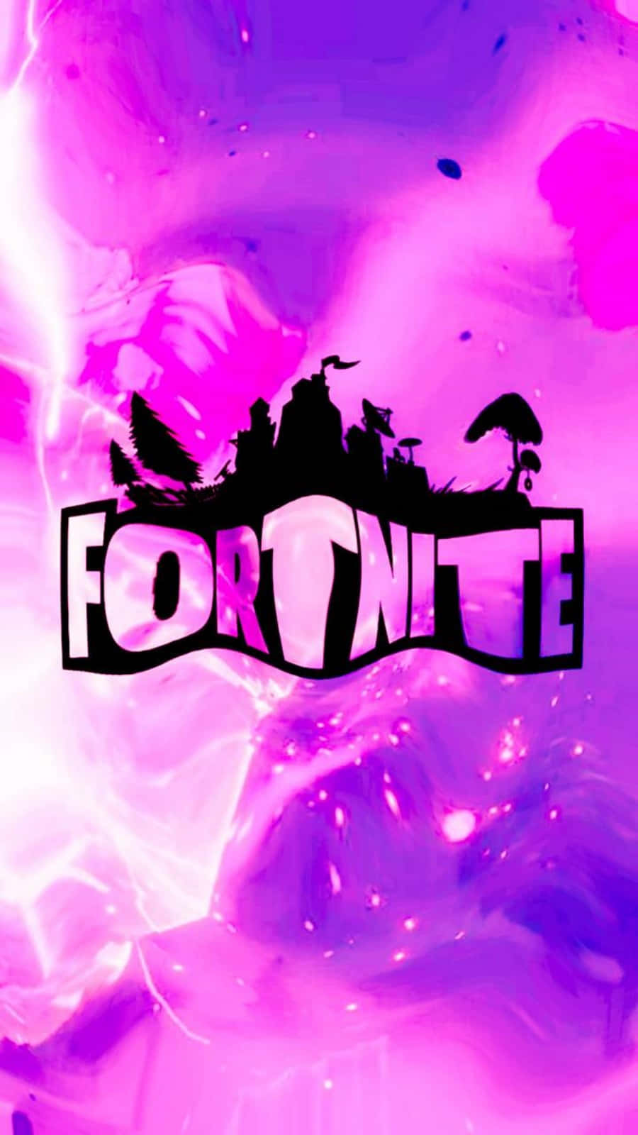 《Fortnite》酷炫標誌與紫色能量 壁紙 — Fortnite 標誌以粗體黑色呈現，帶有發光的粉紅和紫色宇宙背景及閃光。