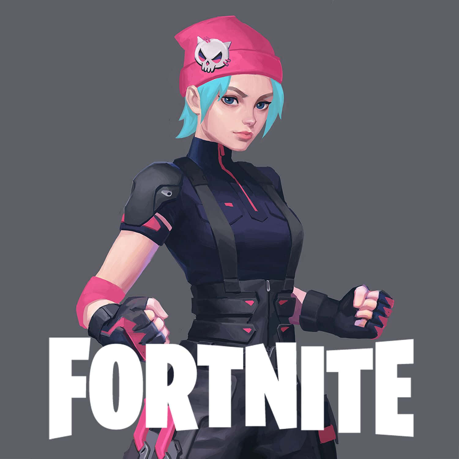 藍色頭髮、戴著粉紅色骷髏頭冷帽的Fortnite角色，穿著深色裝備。