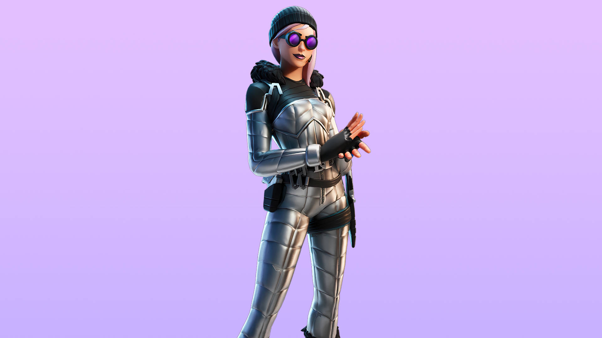 Fortnite角色身穿銀色盔甲和紫色太陽眼鏡，背景為薰衣草色