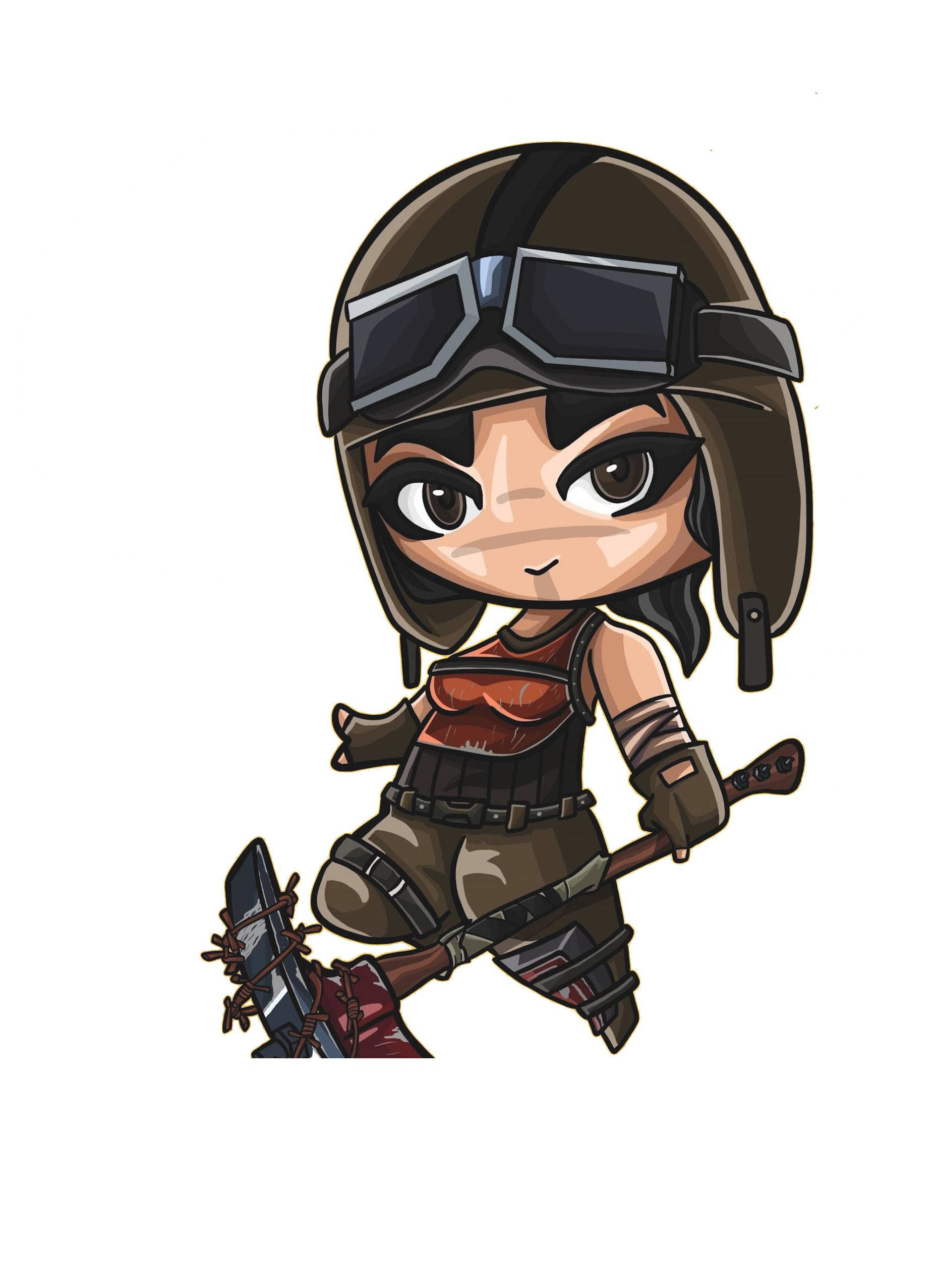 Fortnite 革命突擊者卡通藝術 壁紙 — Q版風格戰士少女，戴著棕色頭盔和護目鏡，手持劍和斧頭準備戰鬥。