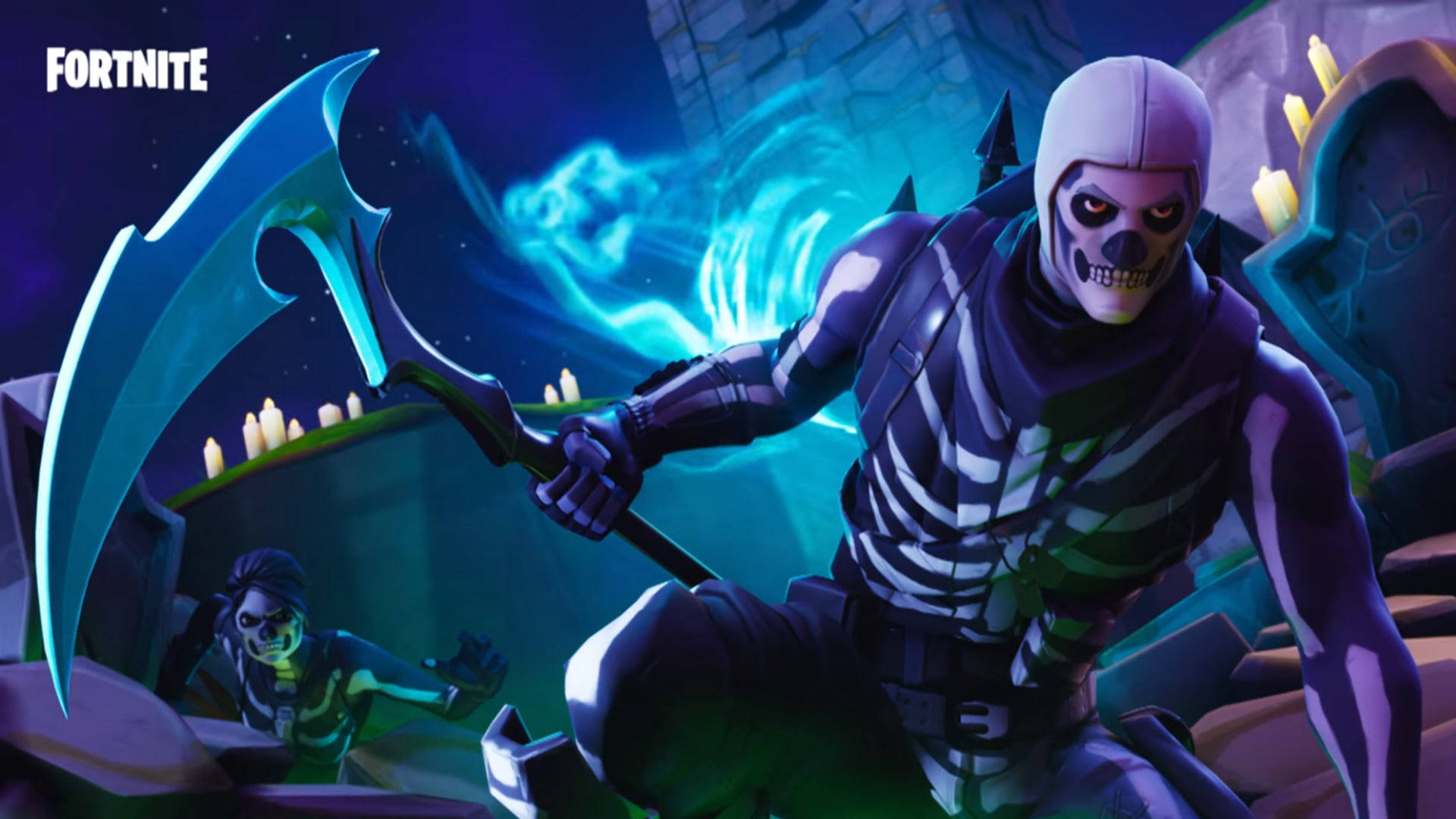 Fortnite骷髏戰士在黑暗遺跡中手持發光鐮刀，有蠟燭