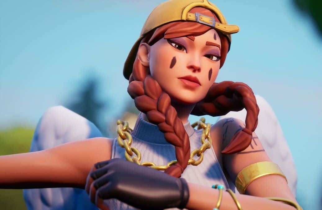 擁有紅色辮子和金色配飾的Fortnite角色在戶外擺姿勢。
