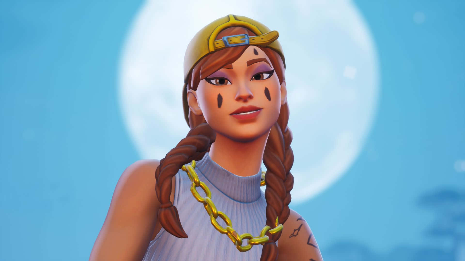 辮子頭髮、戴金鏈的Fortnite角色，以月光照耀的天空為背景。