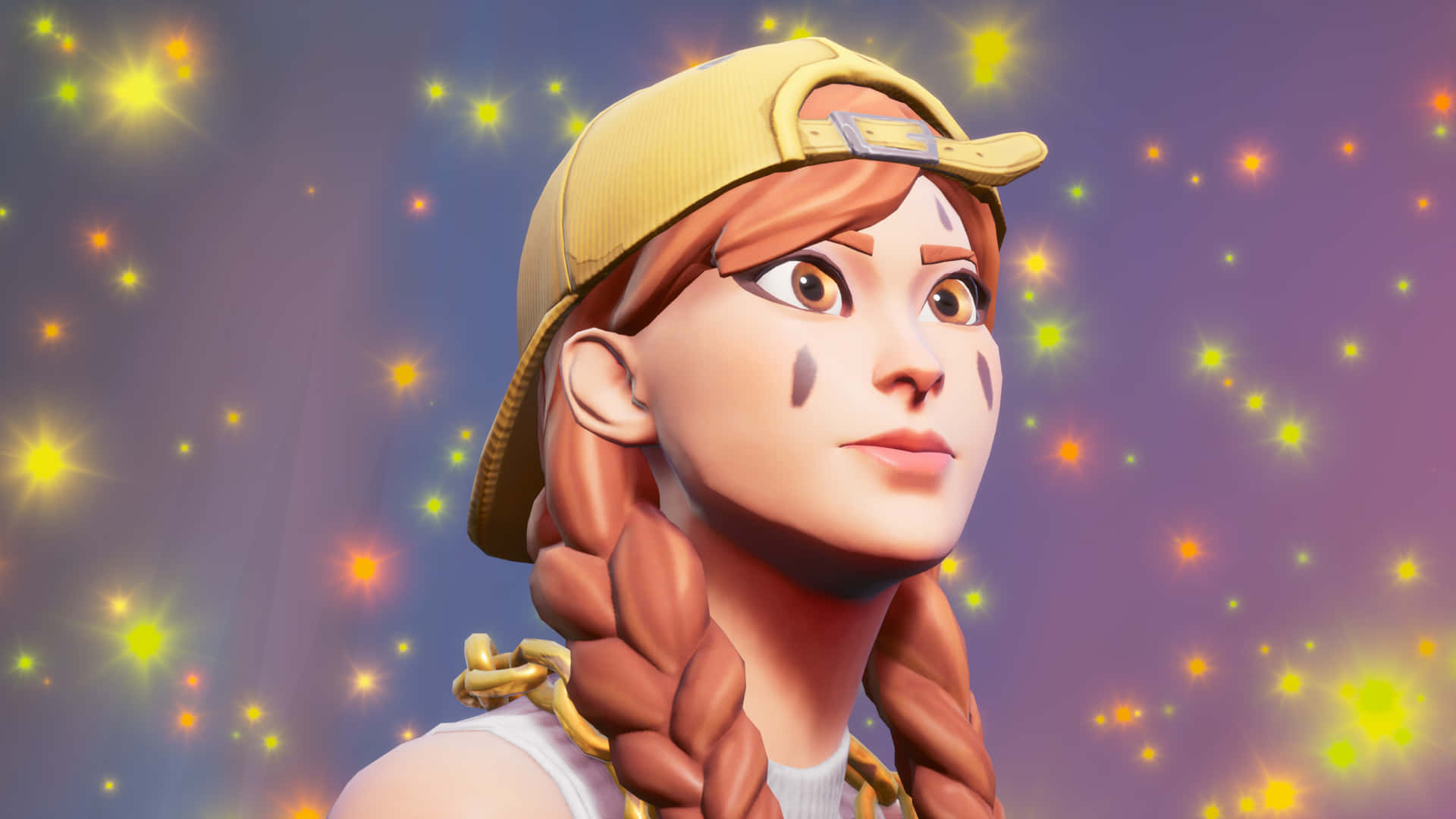 辮子和帽子的Fortnite角色，仰望發光的星星。