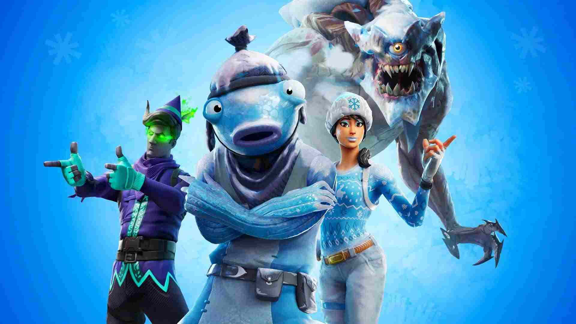 Fortnite 魚棒 北極傳奇 壁紙 — 三個身穿冬季裝備的Fortnite角色在雪地藍色背景前自信地擺姿勢，身後有一個威脅性的冰怪潛伏著。