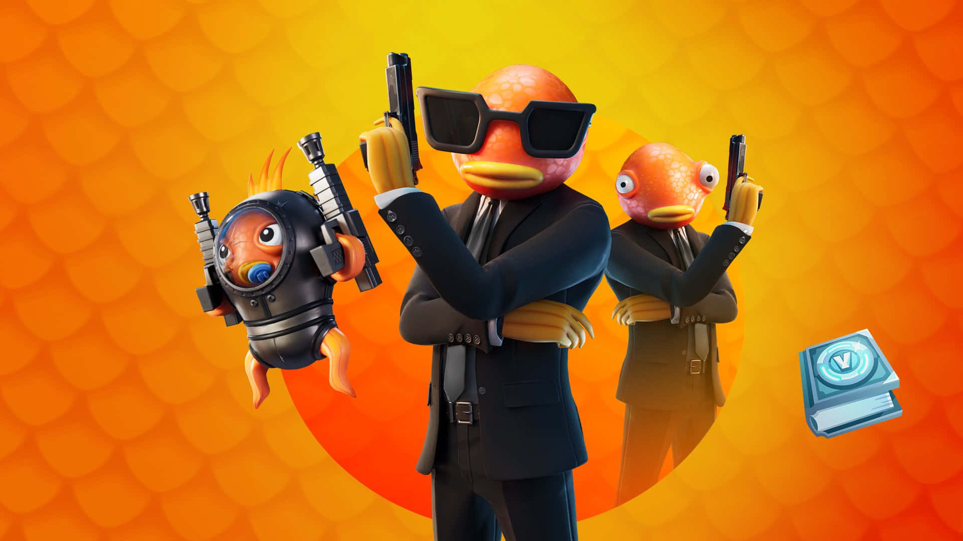 Fortnite 魚棒 基薩林任務 壁紙 — 三條卡通橙色魚穿著西裝和太陽眼鏡，在鮮豔的橙色扇貝形背景前持槍擺姿勢。