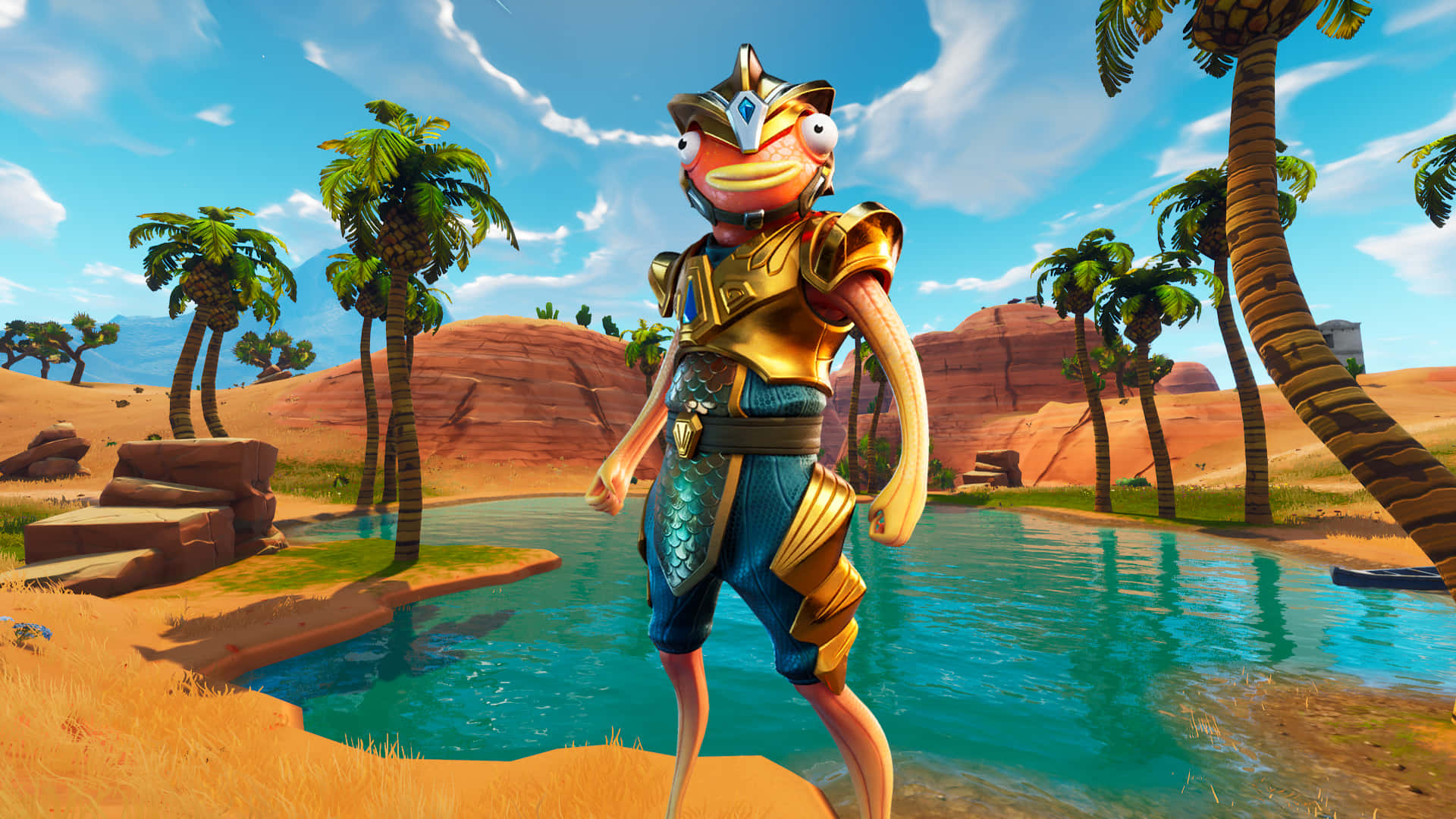 Fortnite 魚棒戰士 壁紙 — 一個卡通魚角色穿著金色盔甲，站在一個被棕櫚樹和紅色岩石形成的碧藍色泳池旁邊，天空明亮湛藍。