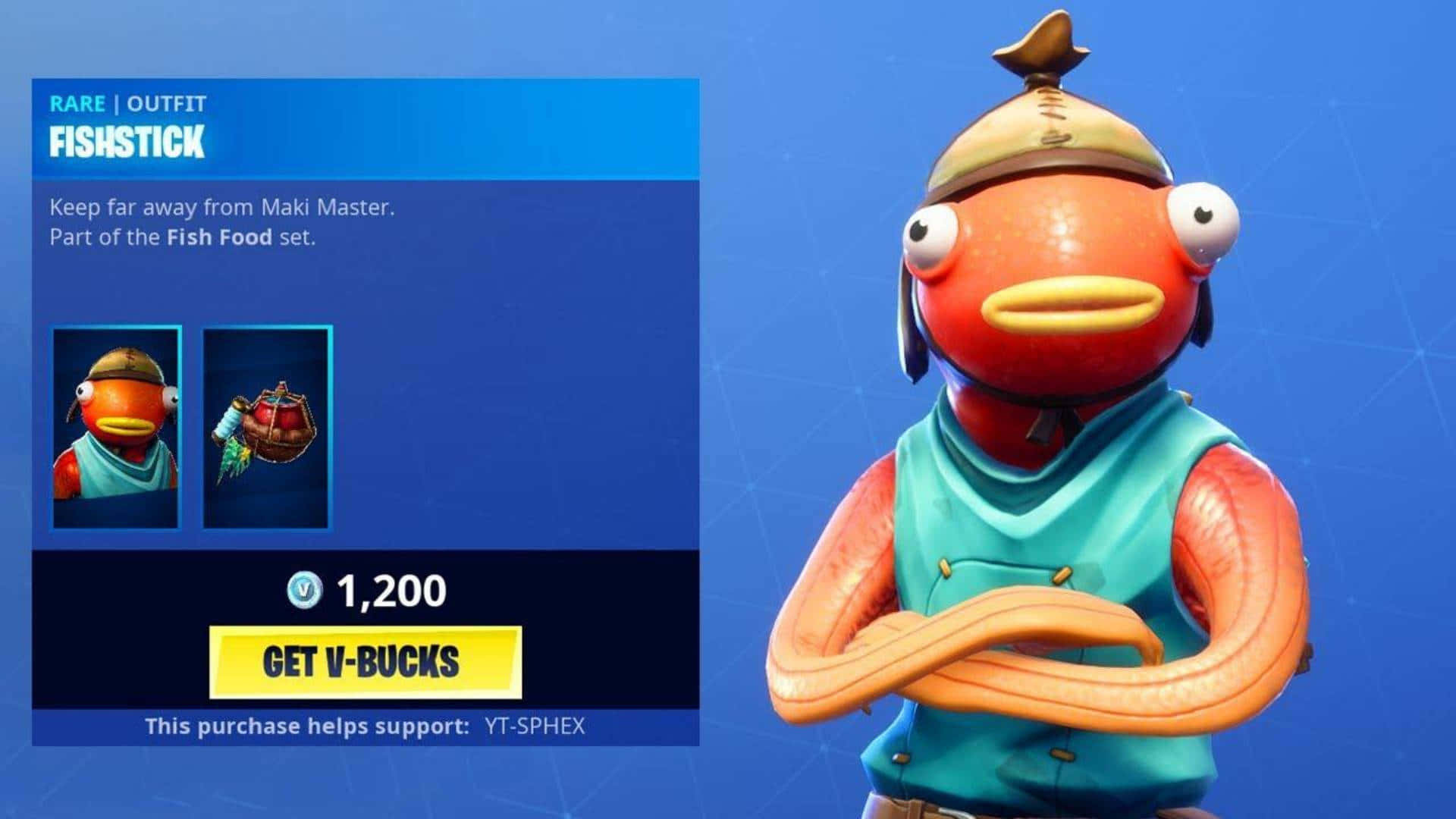 Fortnite 魚棒數據 壁紙 — 一個卡通魚角色交叉雙臂，戴著帽子和藍綠色背心，背景為藍色數位背景，附有遊戲內購買詳情。